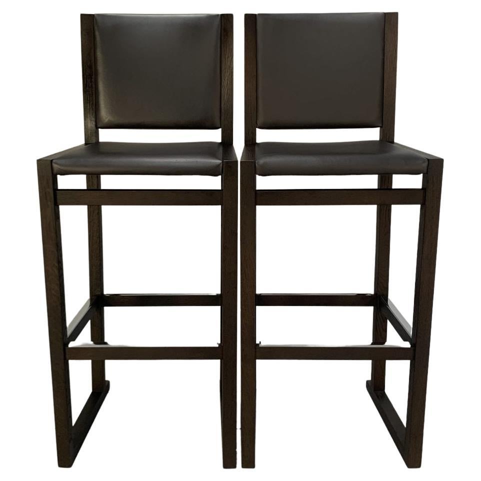 Pair of B&B Italia “Musa SM46G” Tall Bar Stool Chairs – In Dark Grey “Kasia” Lea For Sale