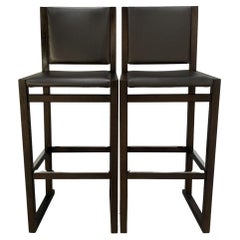 Pair of B&B Italia “Musa SM46G” Tall Bar Stool Chairs – In Dark Grey “Kasia” Lea