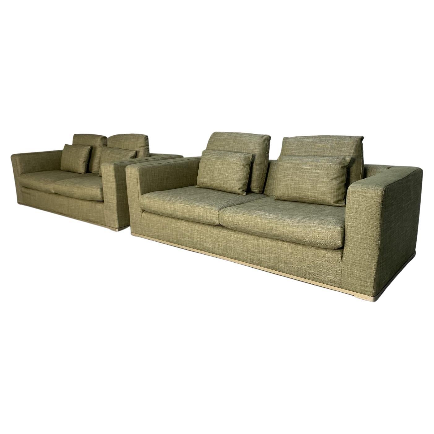 Pair of B&B Italia “Omnia” Sofas, 2.5-Seat, in Pale Green Linen For Sale