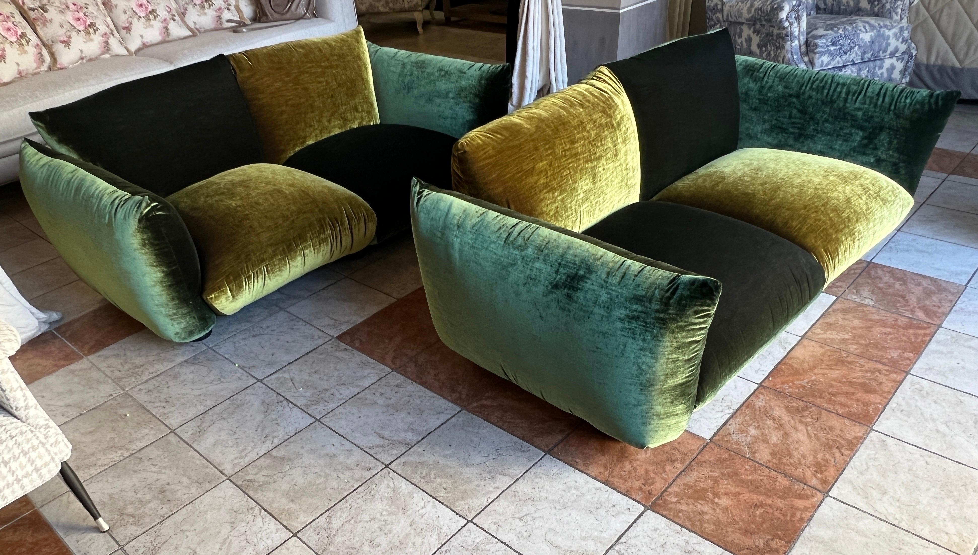 Pair of B&B Sofas Newly Upholstered in Iridescent Acid Green and Green Velvet, mirrored checkerboard effect.
Can be sold individually.