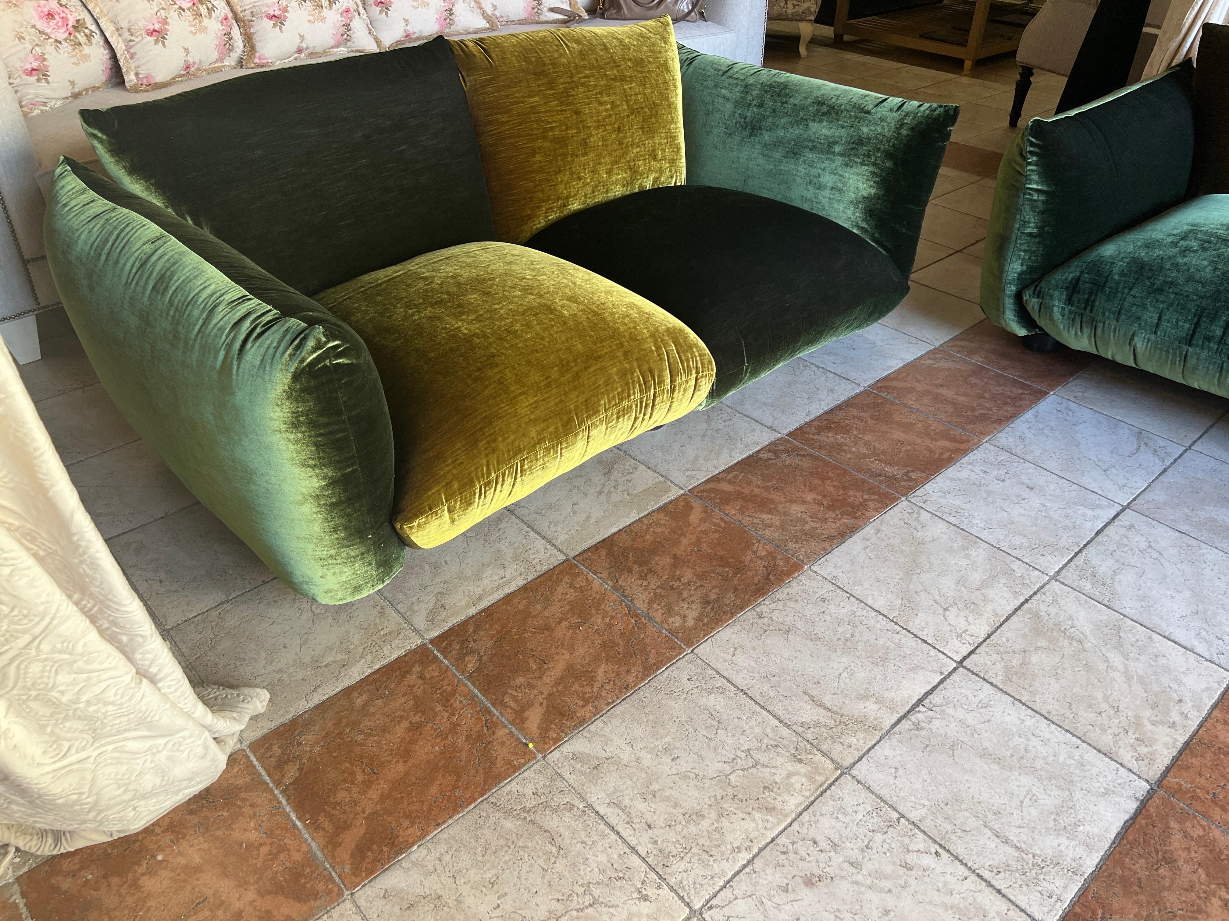 Late 20th Century Pair of B&B Sofas Newly Upholstered Acid Green and Green Iridescent Velvet 1970 For Sale