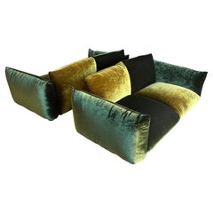 Pair of B&B Sofas Newly Upholstered Acid Green and Green Iridescent Velvet 1970