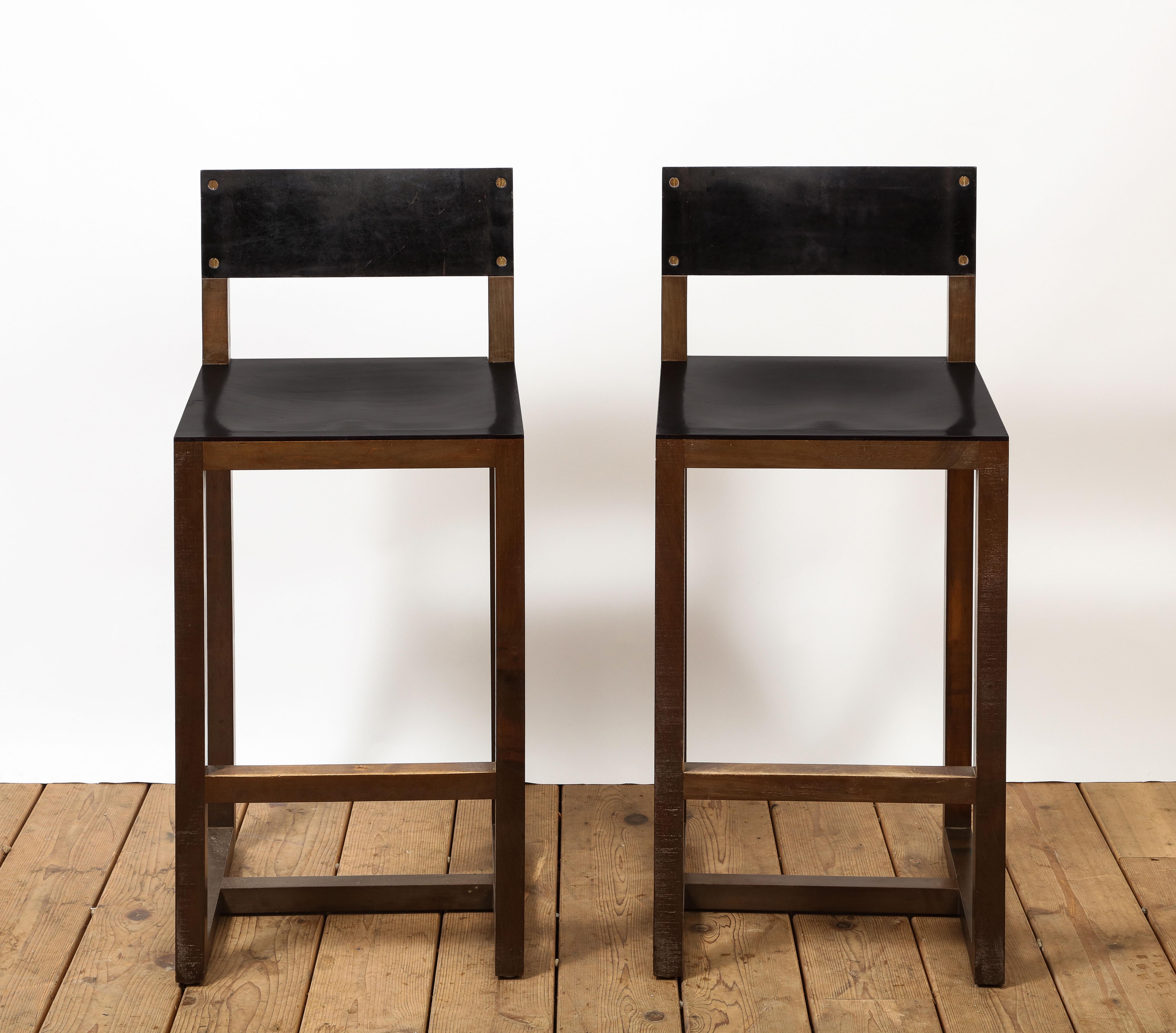 Modern Pair of BDDW Wood & Brown Leather Counter Height Bar Stools