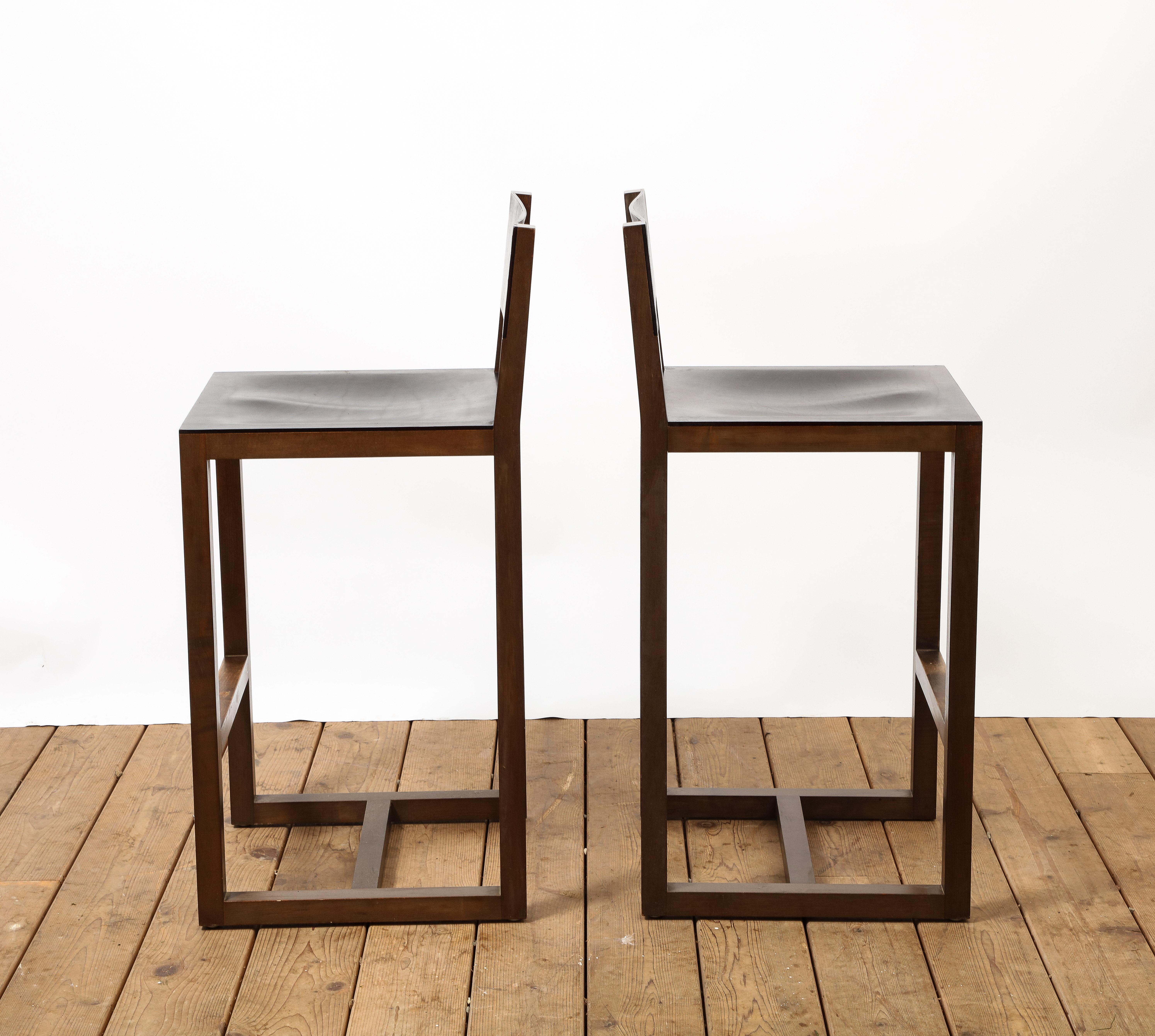 Pair of BDDW Wood & Brown Leather Counter Height Bar Stools In Good Condition In Chicago, IL