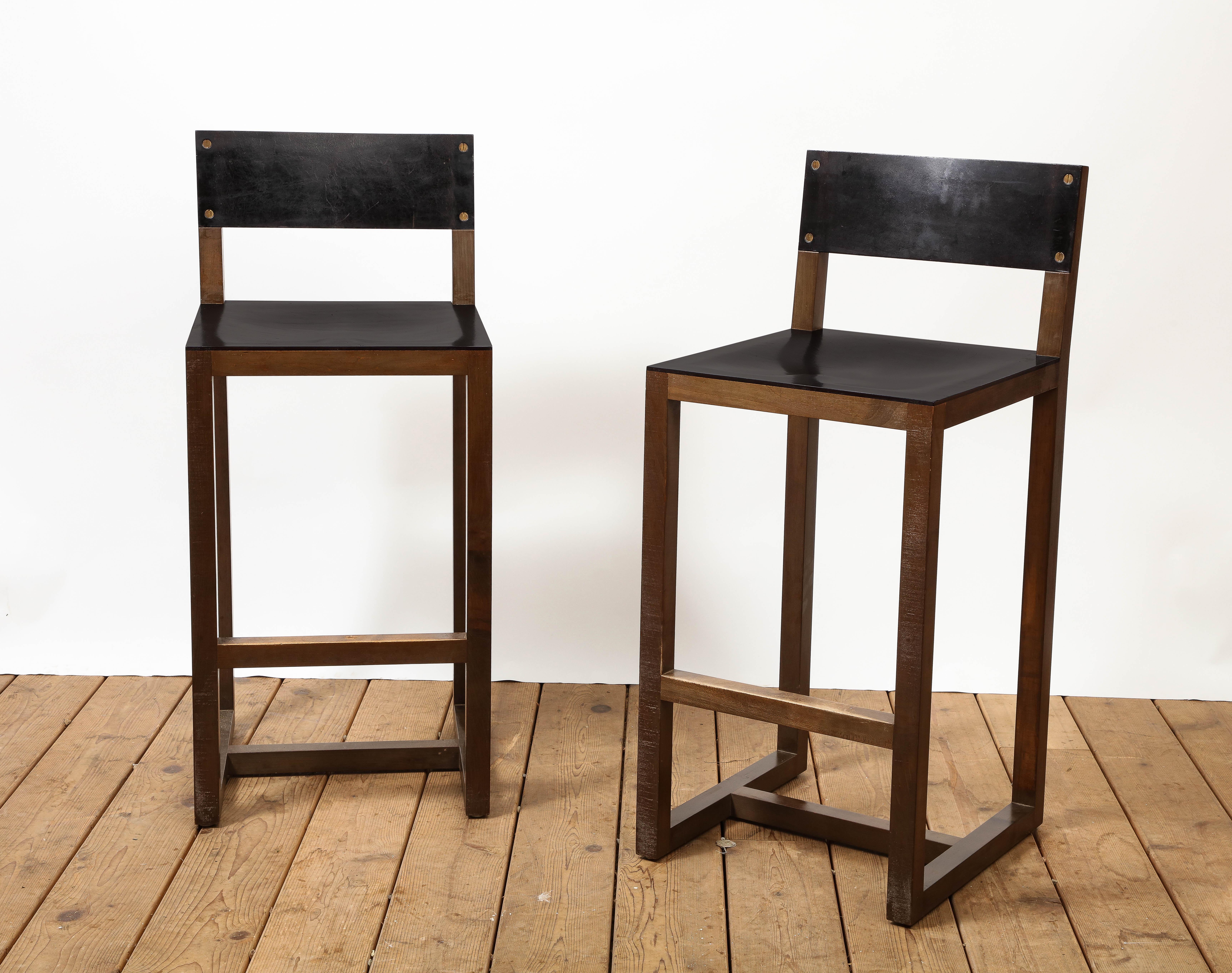 Contemporary Pair of BDDW Wood & Brown Leather Counter Height Bar Stools