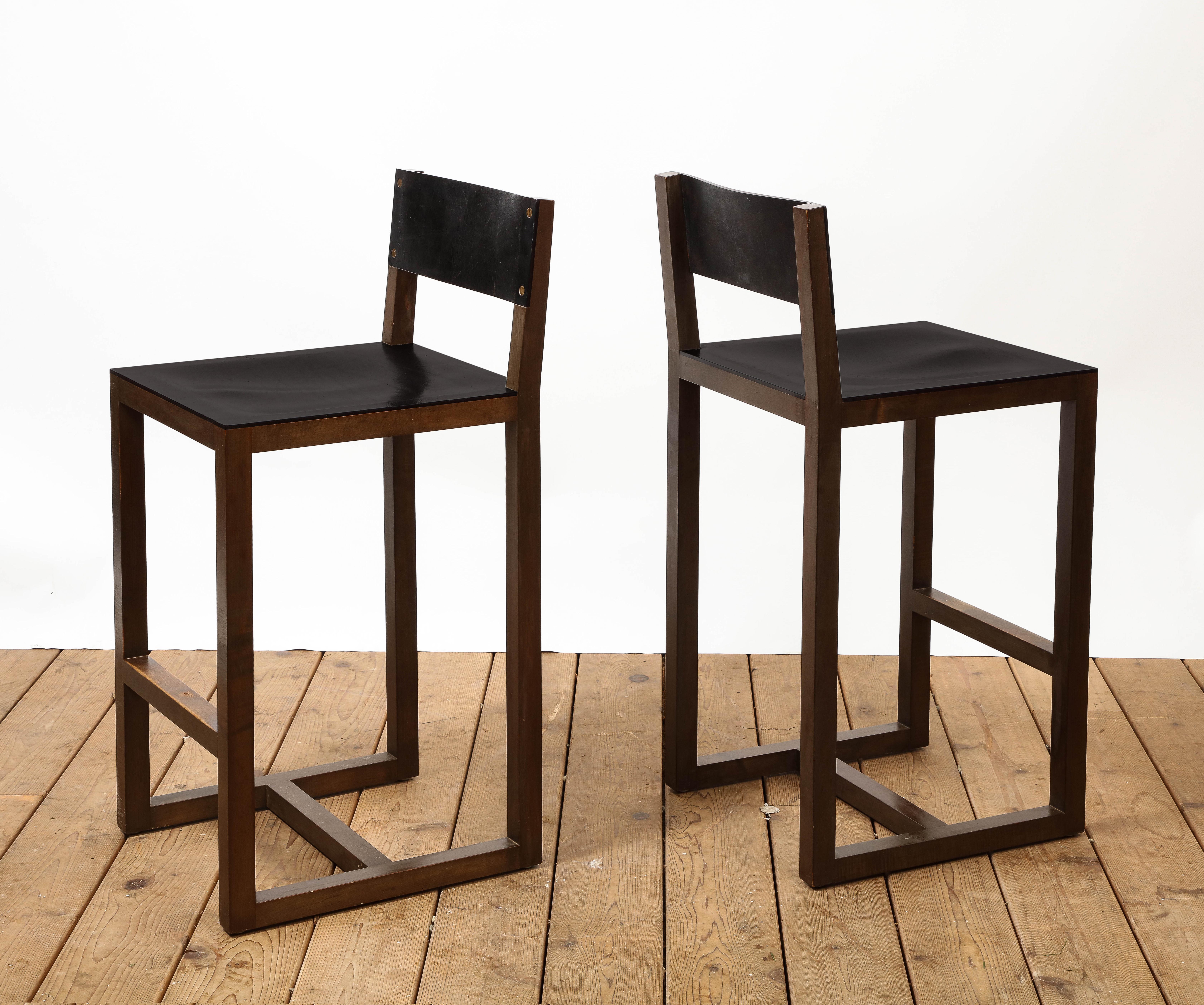 Pair of BDDW Wood & Brown Leather Counter Height Bar Stools In Good Condition In Chicago, IL