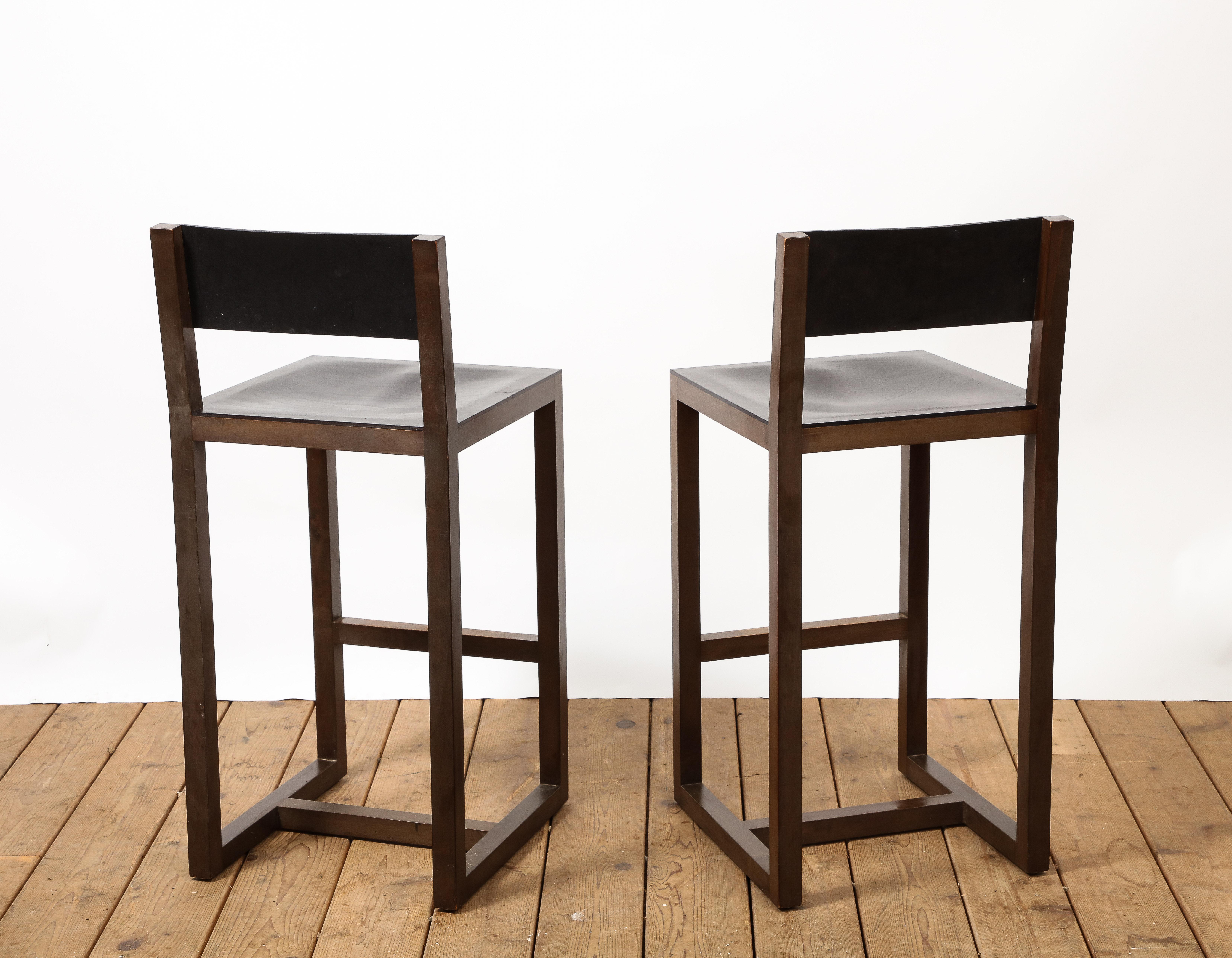 Contemporary Pair of BDDW Wood & Brown Leather Counter Height Bar Stools