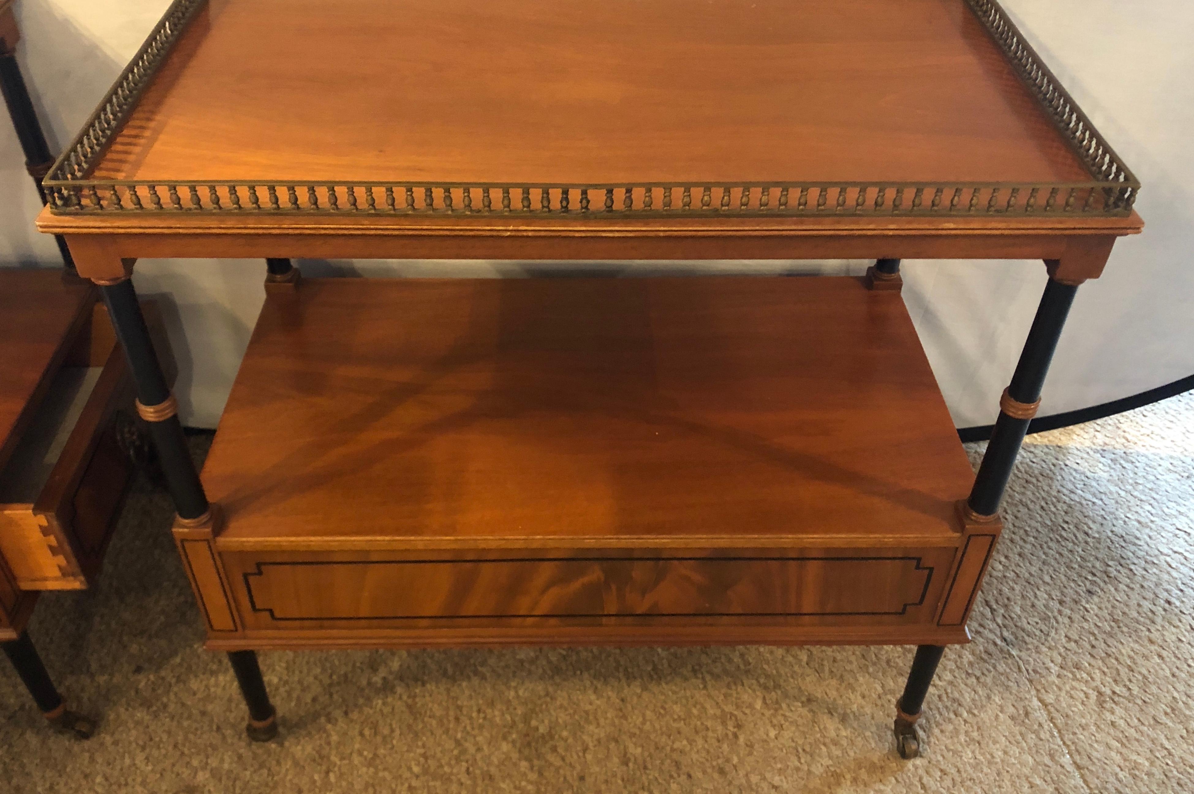 Georgian Pair of Beacon Hill Mahogany and Ebony Galleried Stands with Side Drawers