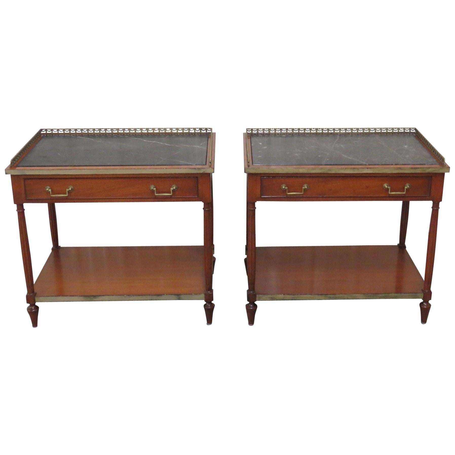 Pair of French Louis XVI Brass Mounted Marble Top End Tables Nightstands