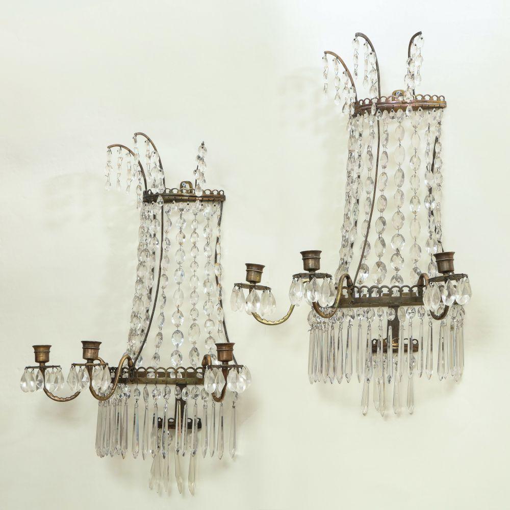 Hollywood Regency Pair of Beaded Crystal Waterfall Wall Lights For Sale