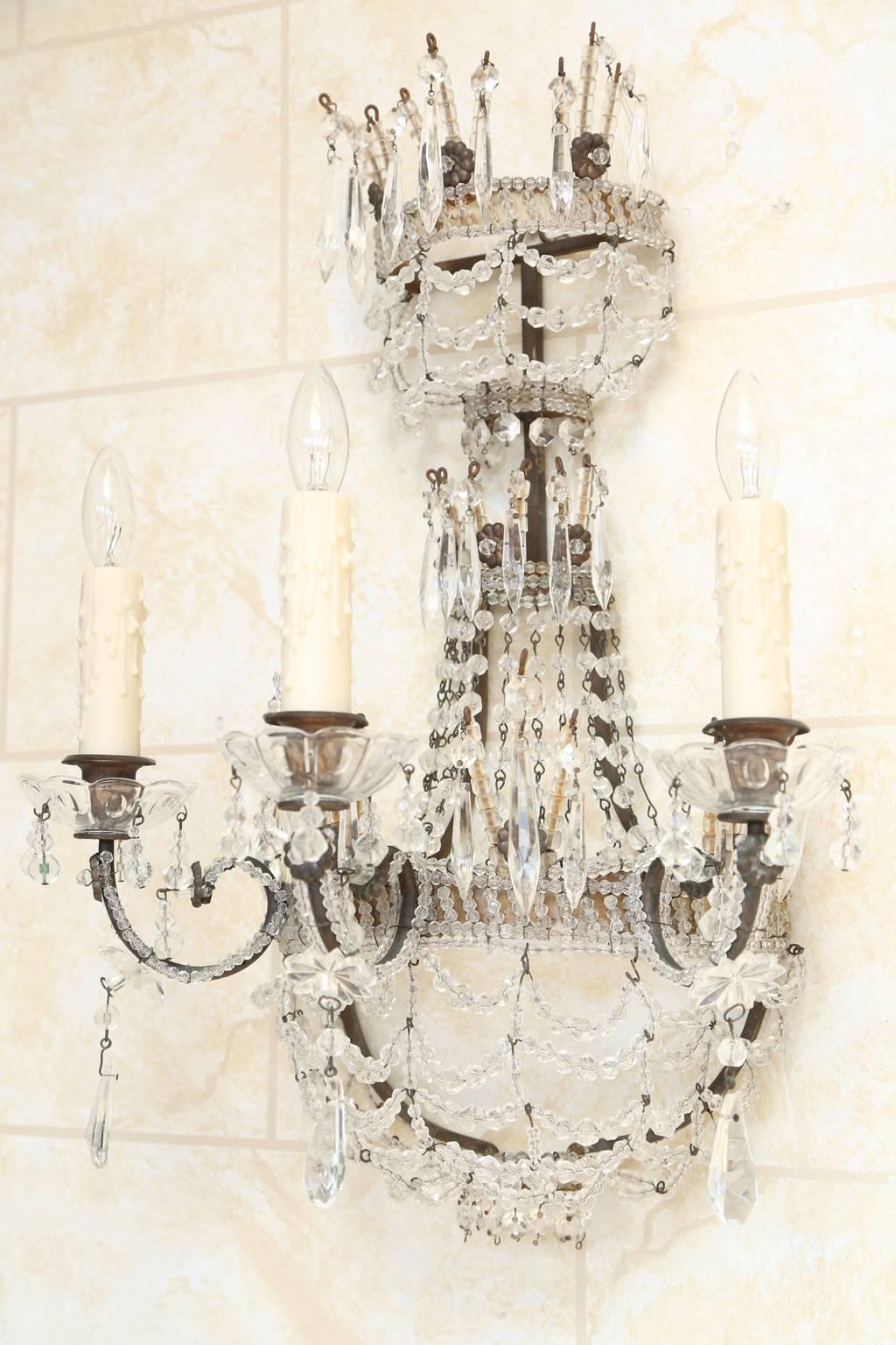 Faceted Pair of Beaded Maria Theresa Three-Light Sconces For Sale