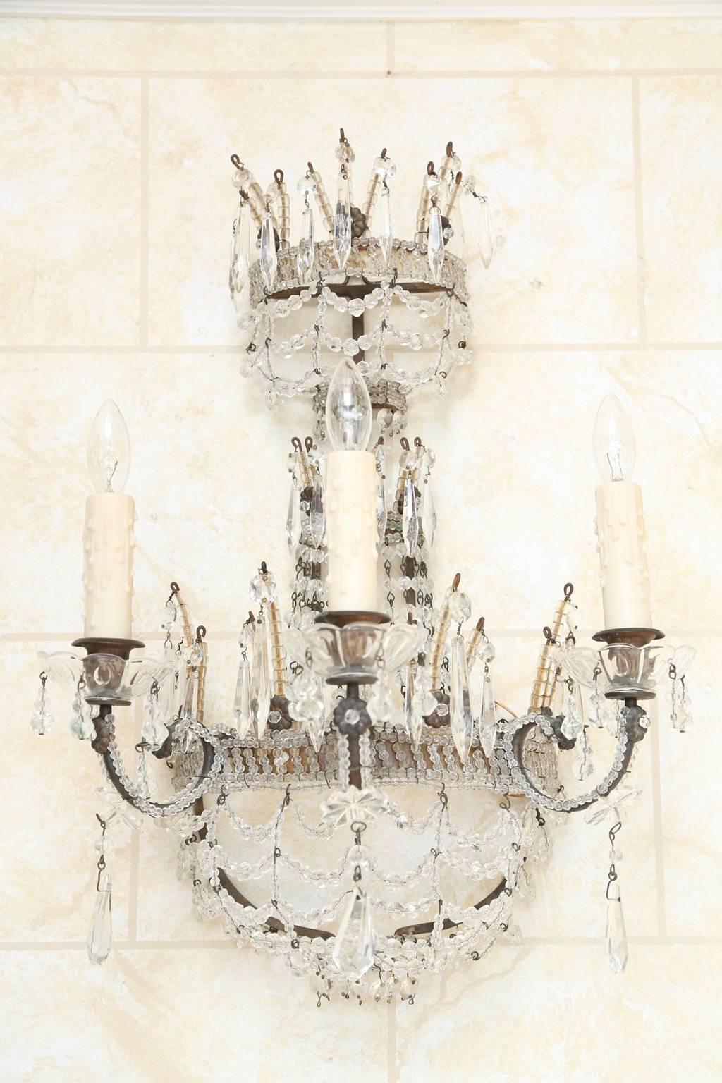 Pair of Beaded Maria Theresa Three-Light Sconces In Excellent Condition For Sale In West Palm Beach, FL