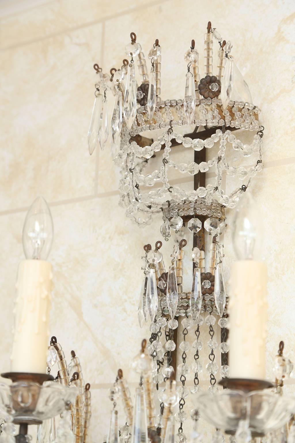 Crystal Pair of Beaded Maria Theresa Three-Light Sconces For Sale