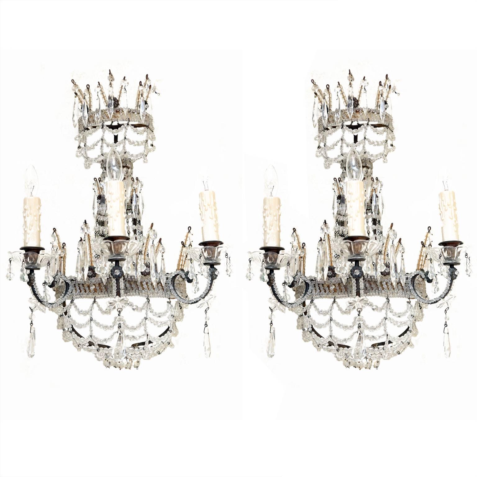 Pair of Beaded Maria Theresa Three-Light Sconces For Sale