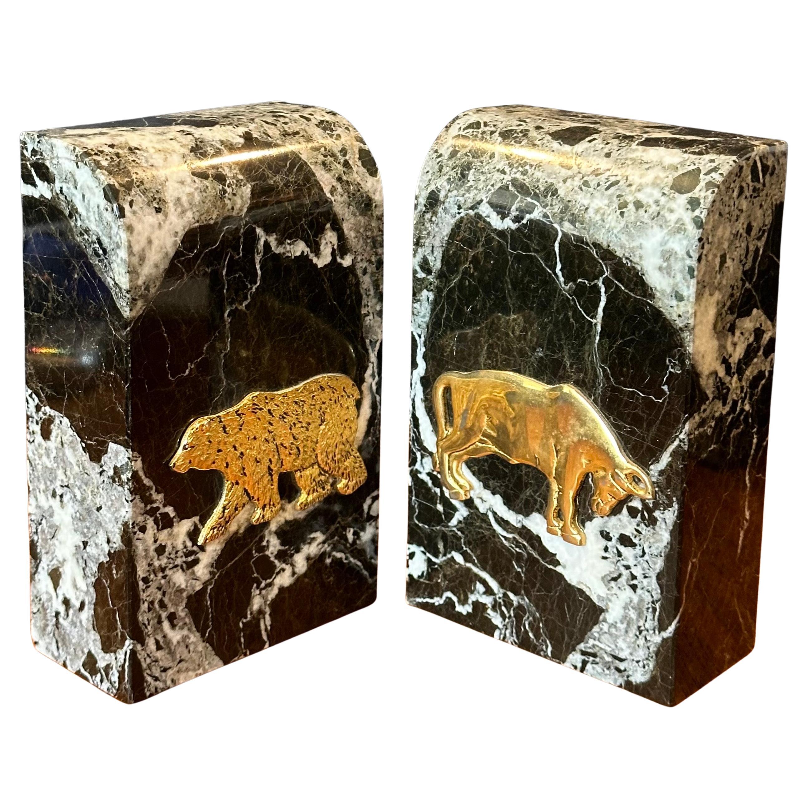 Pair of Bear and Bull Black Marble Bookends