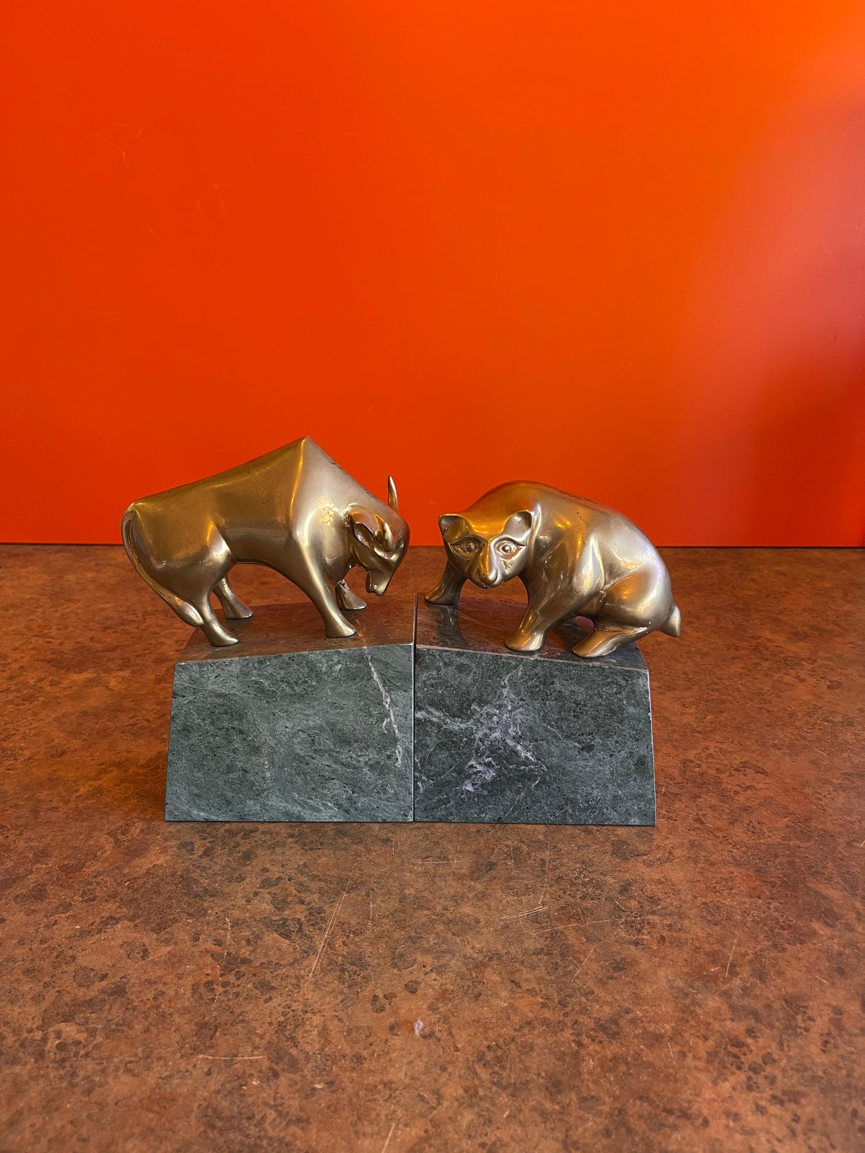 Pair of Bear and Bull Bronze Bookends on Green Marble Blocks 5