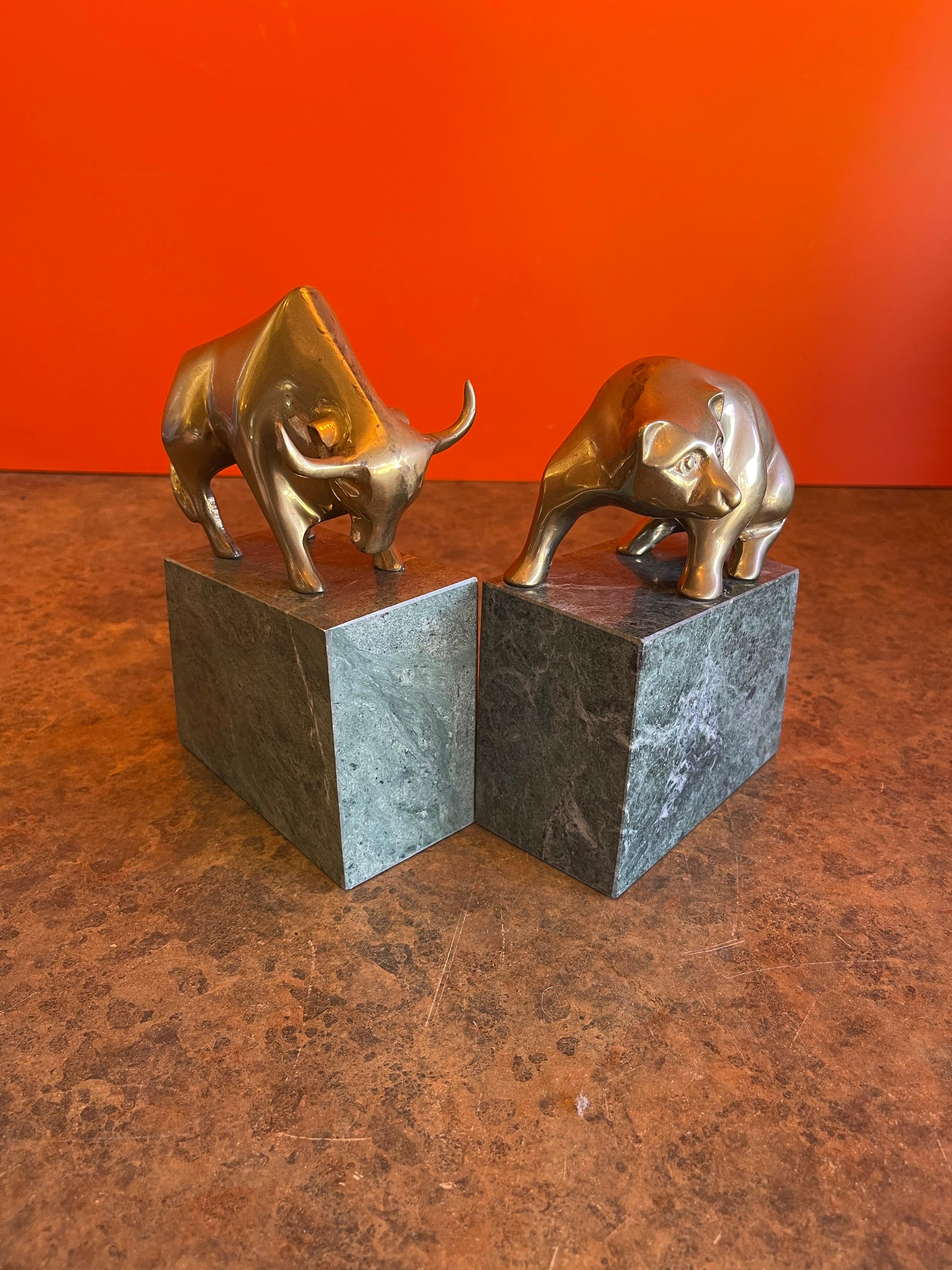 Pair of Bear and Bull Bronze Bookends on Green Marble Blocks 6