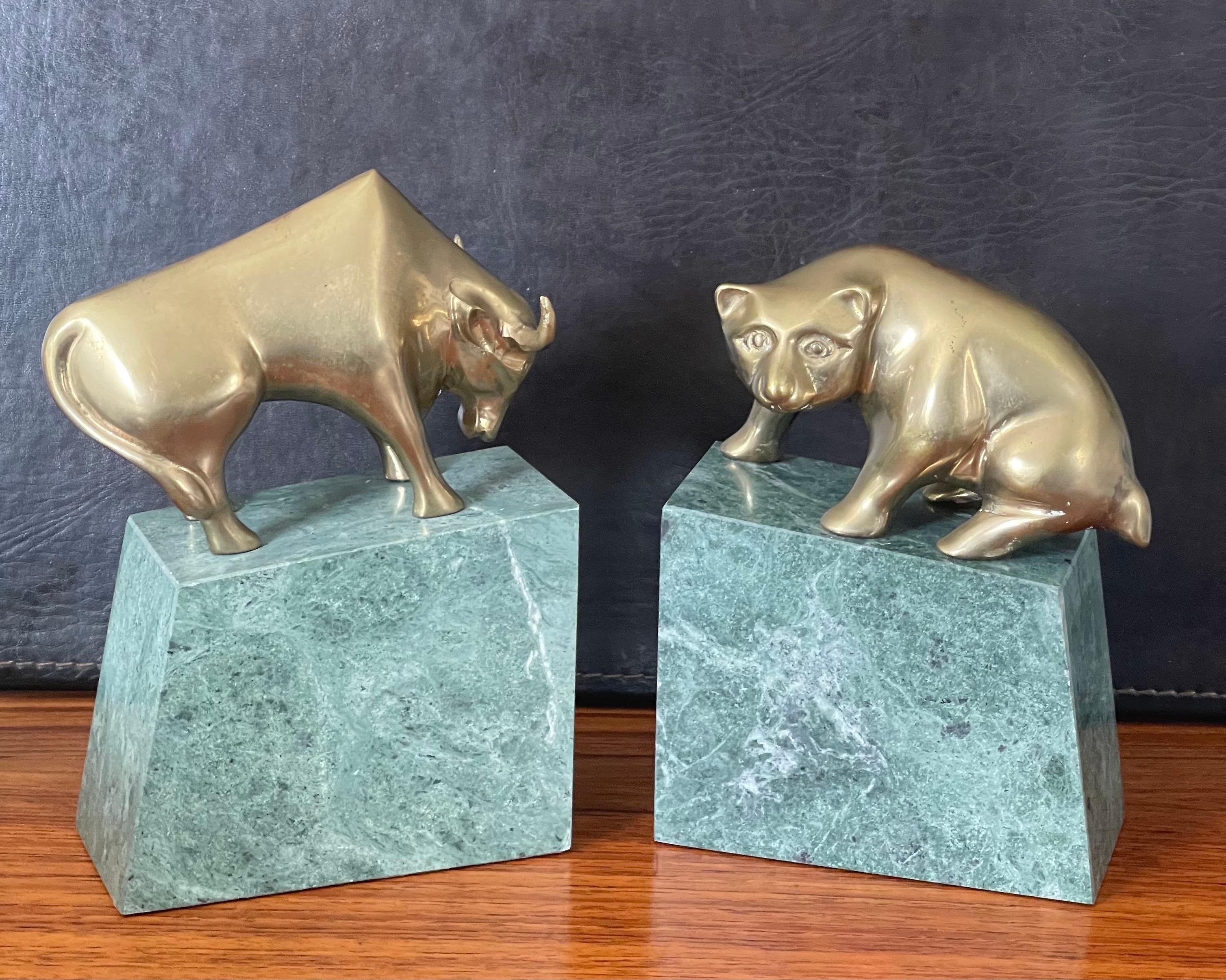 Pair of Bear and Bull Bronze Bookends on Green Marble Blocks For Sale 5