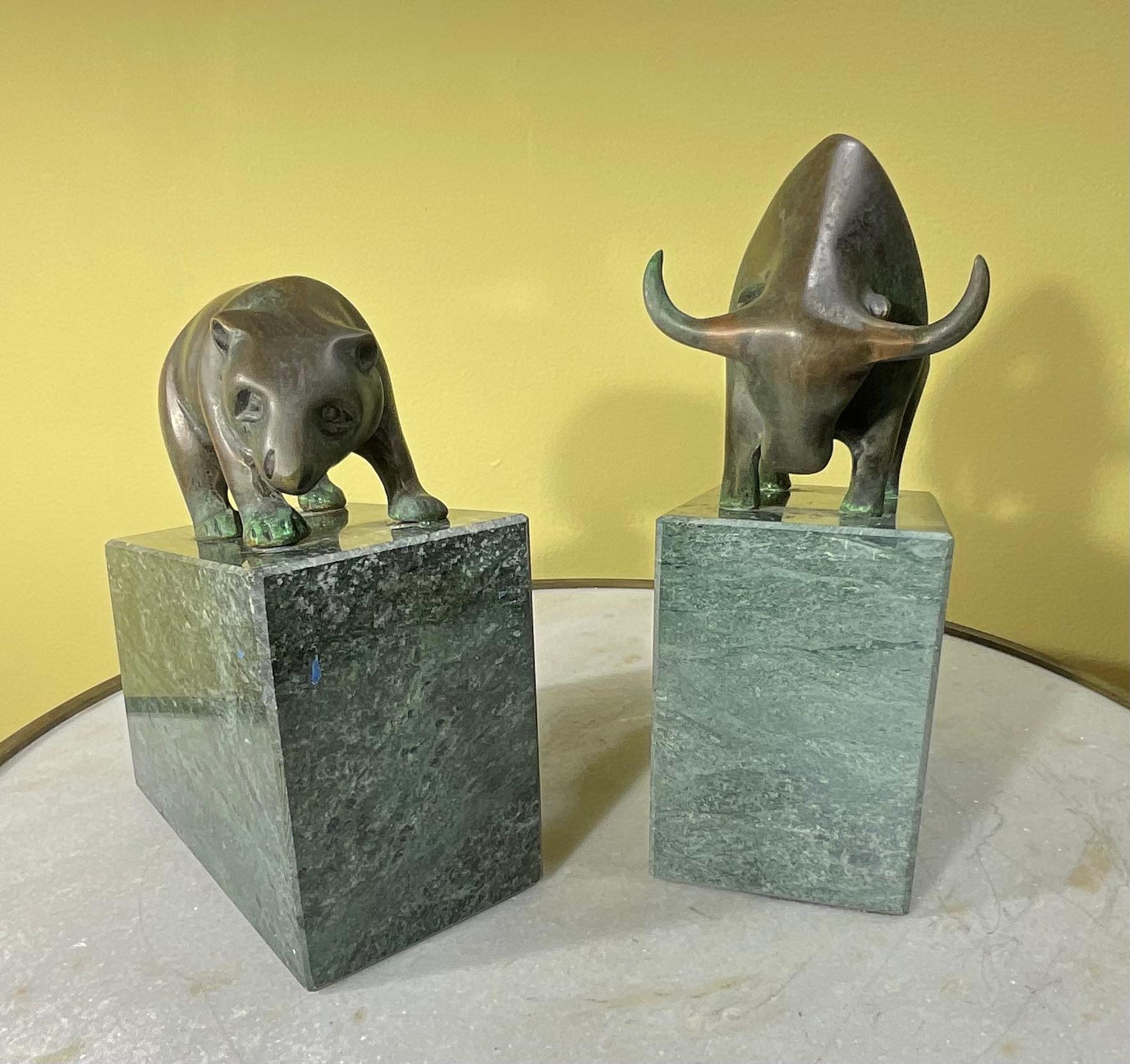 American Pair of Bear and Bull Bronze Bookends on Green Marble Blocks For Sale