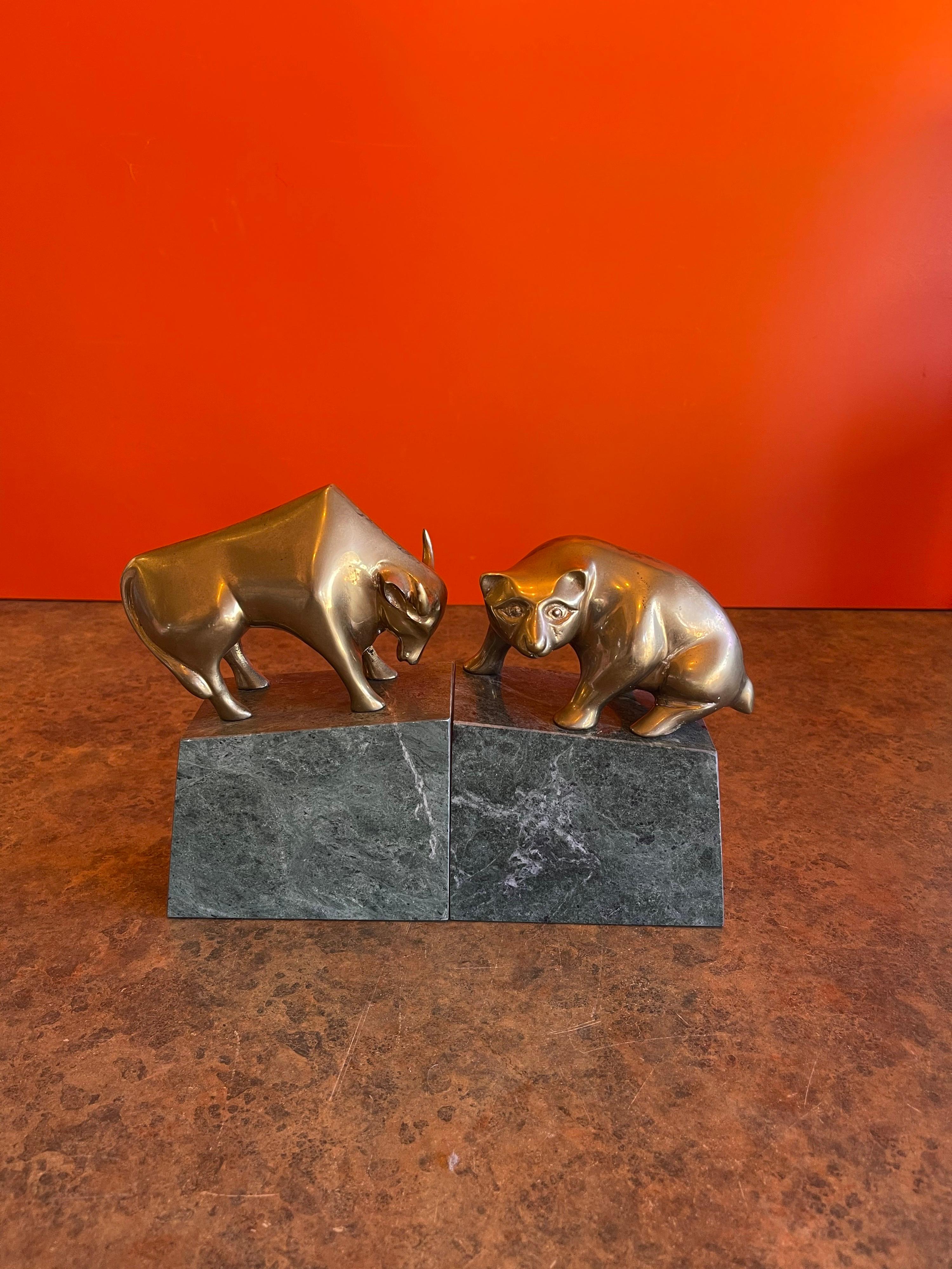 American Pair of Bear and Bull Bronze Bookends on Green Marble Blocks