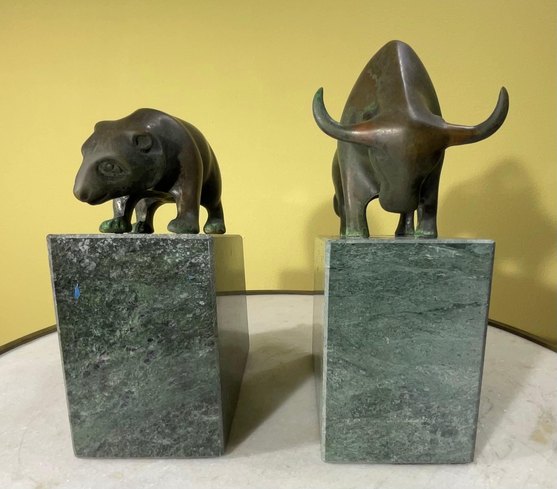 Hand-Crafted Pair of Bear and Bull Bronze Bookends on Green Marble Blocks For Sale