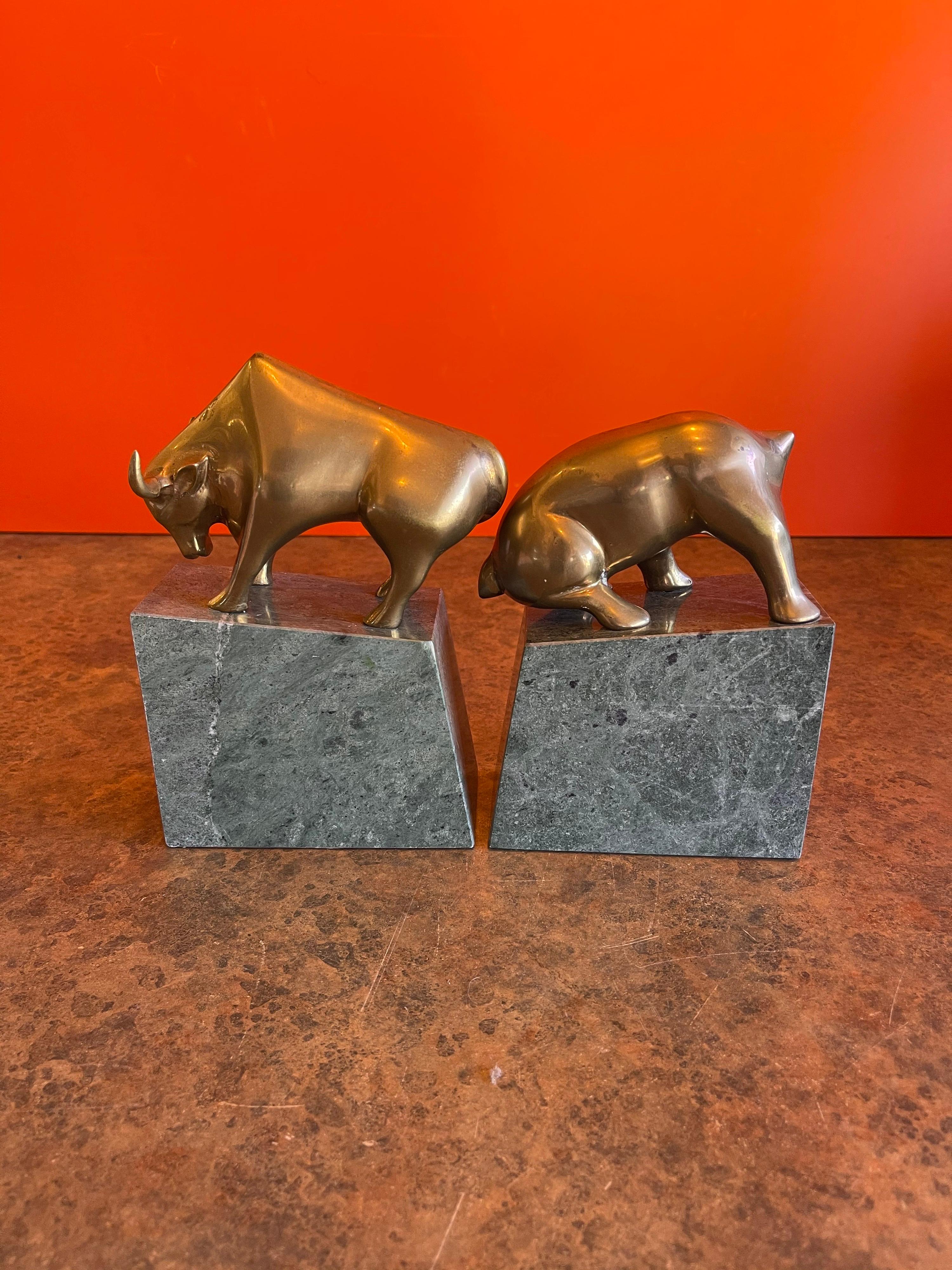Pair of Bear and Bull Bronze Bookends on Green Marble Blocks In Good Condition In San Diego, CA