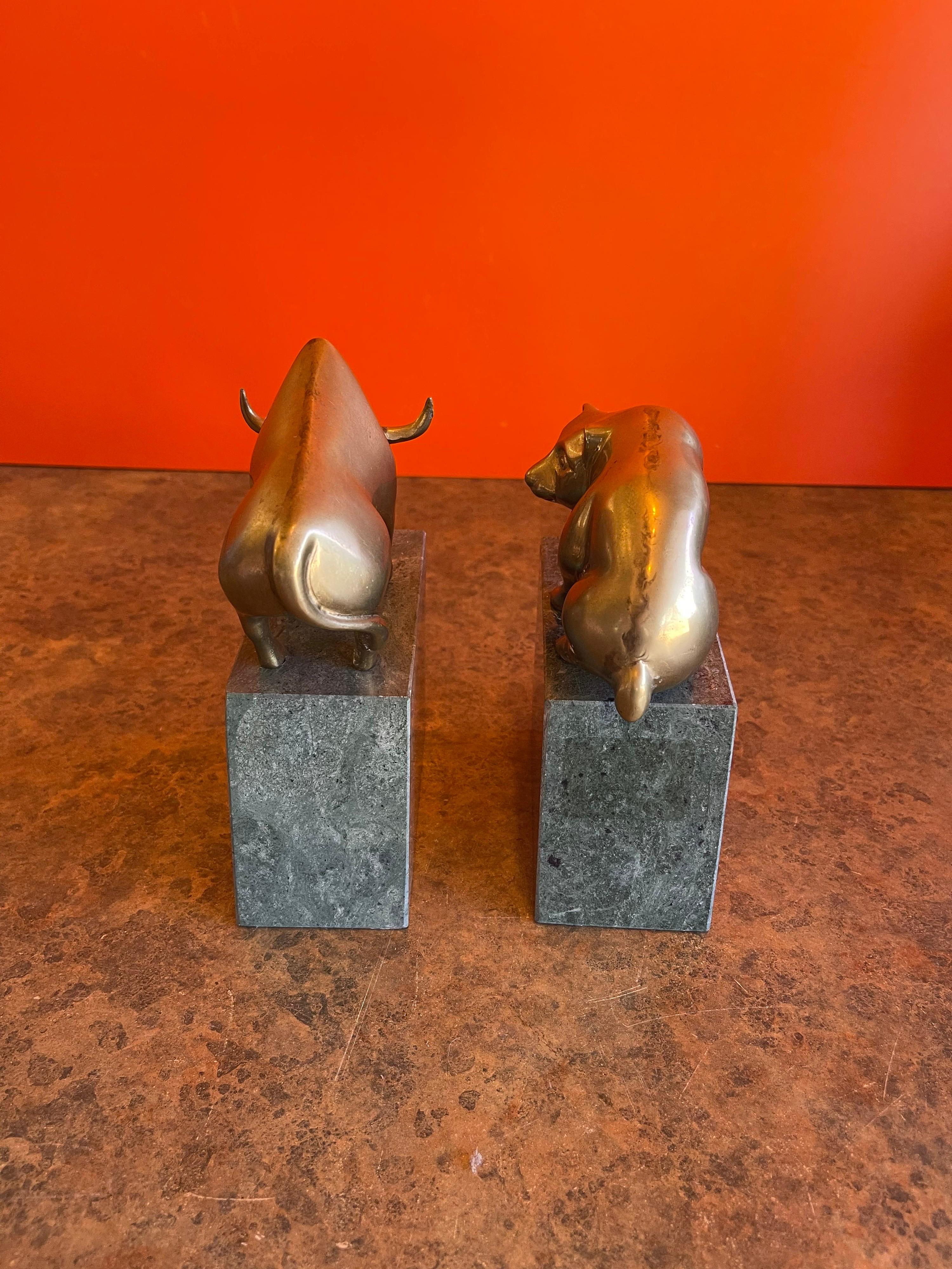 20th Century Pair of Bear and Bull Bronze Bookends on Green Marble Blocks