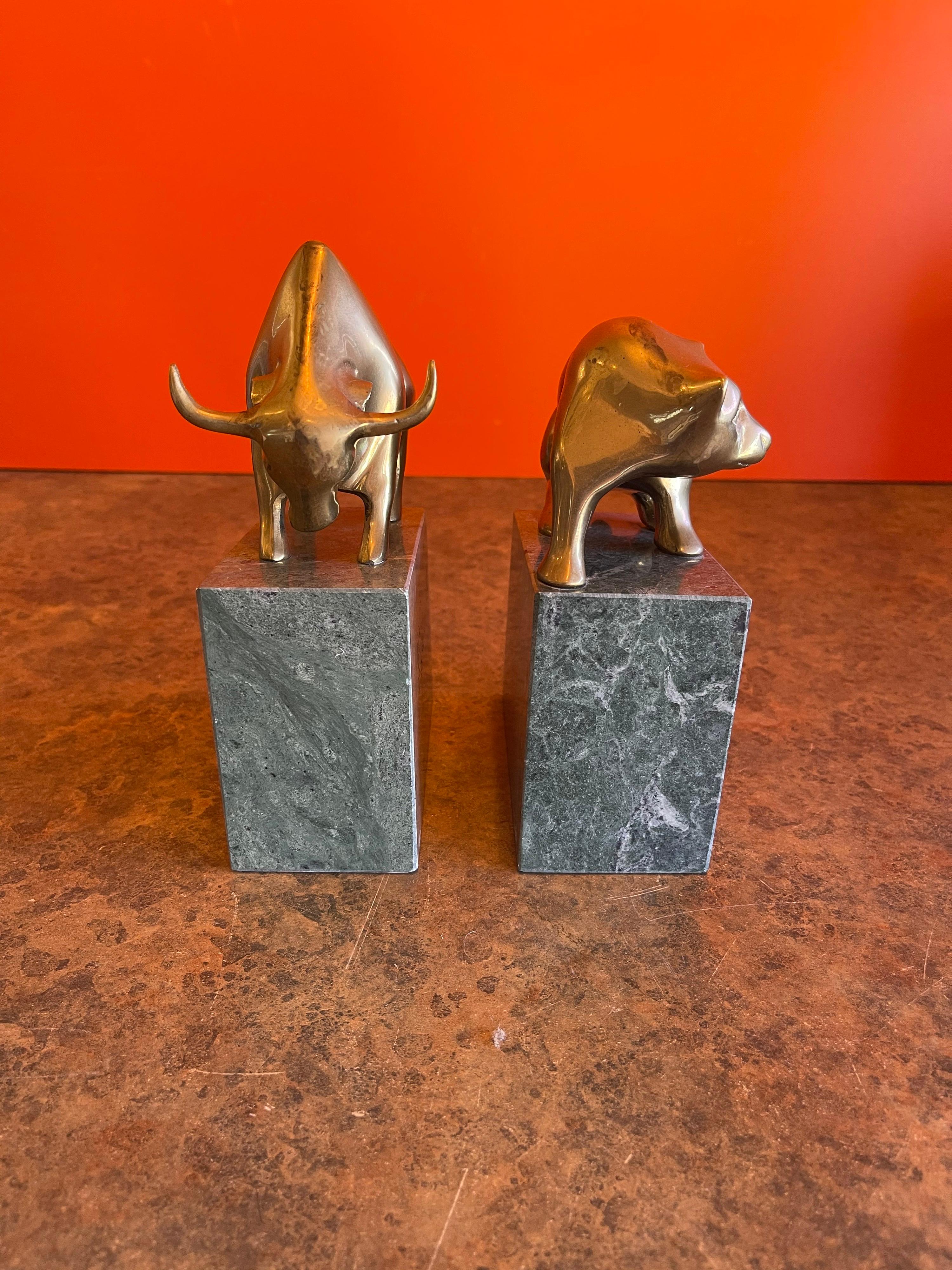 Pair of Bear and Bull Bronze Bookends on Green Marble Blocks 1