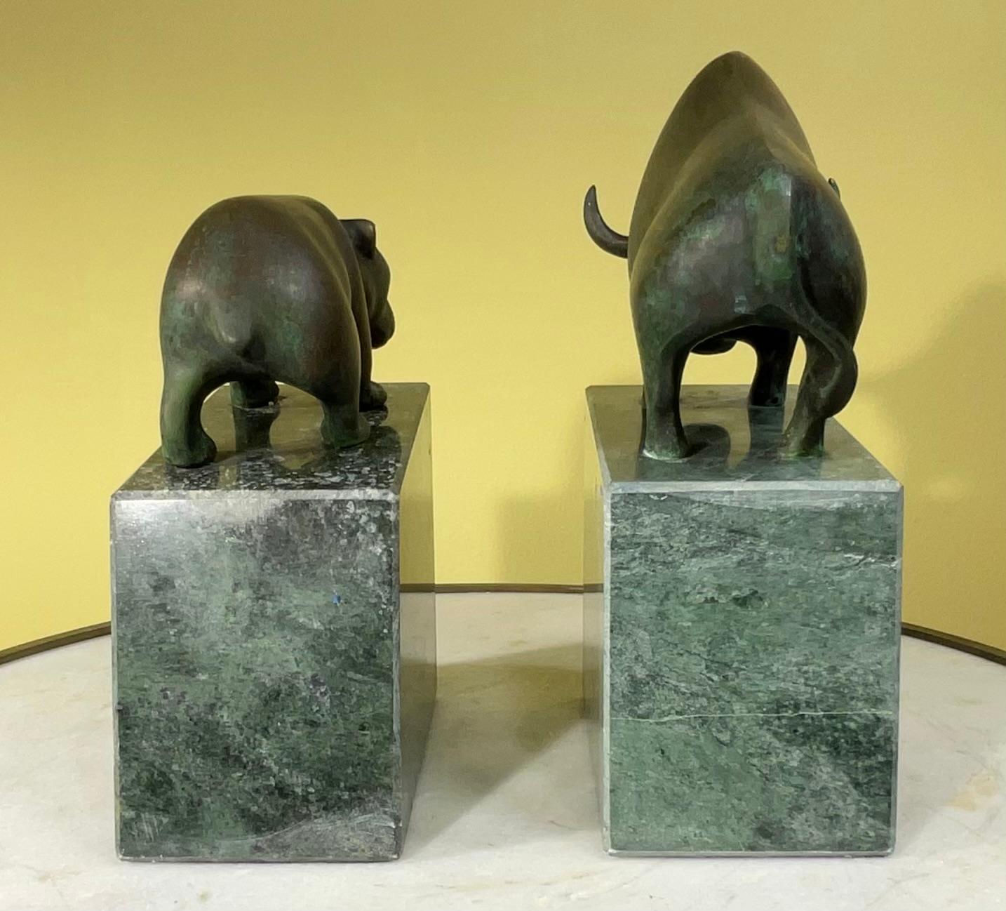Pair of Bear and Bull Bronze Bookends on Green Marble Blocks For Sale 1