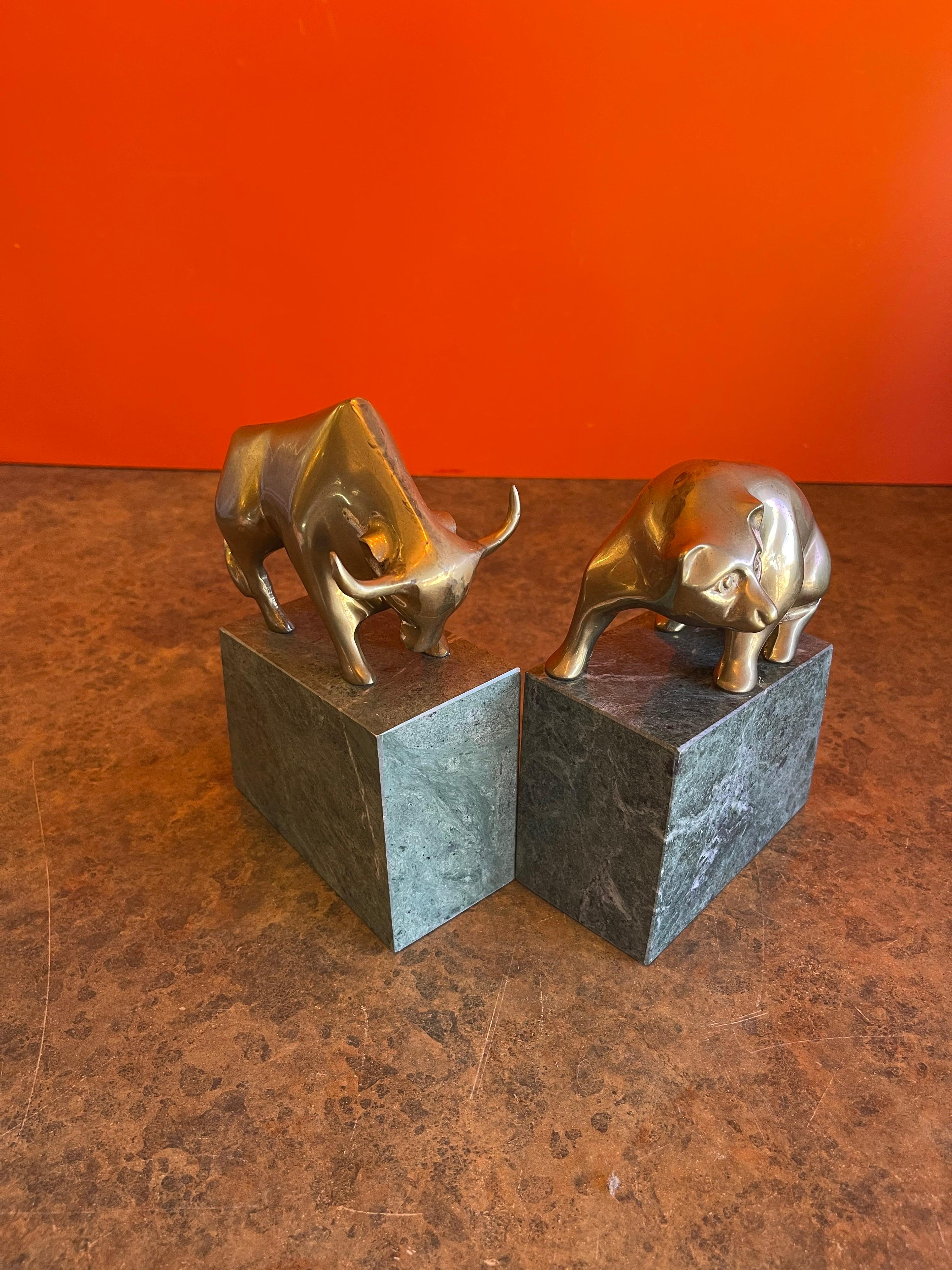 Pair of Bear and Bull Bronze Bookends on Green Marble Blocks 2