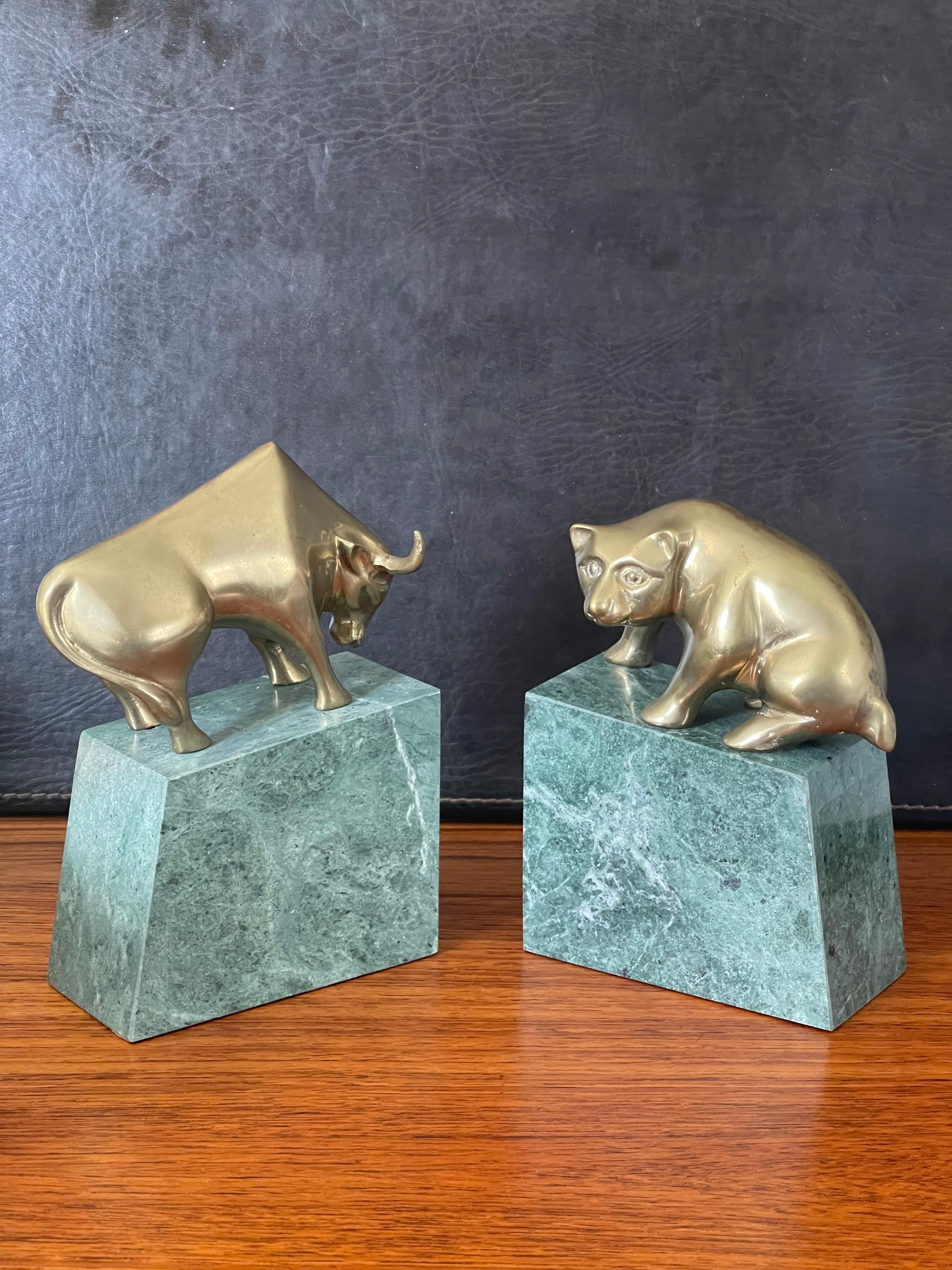 Pair of Bear and Bull Bronze Bookends on Green Marble Blocks In Good Condition For Sale In San Diego, CA