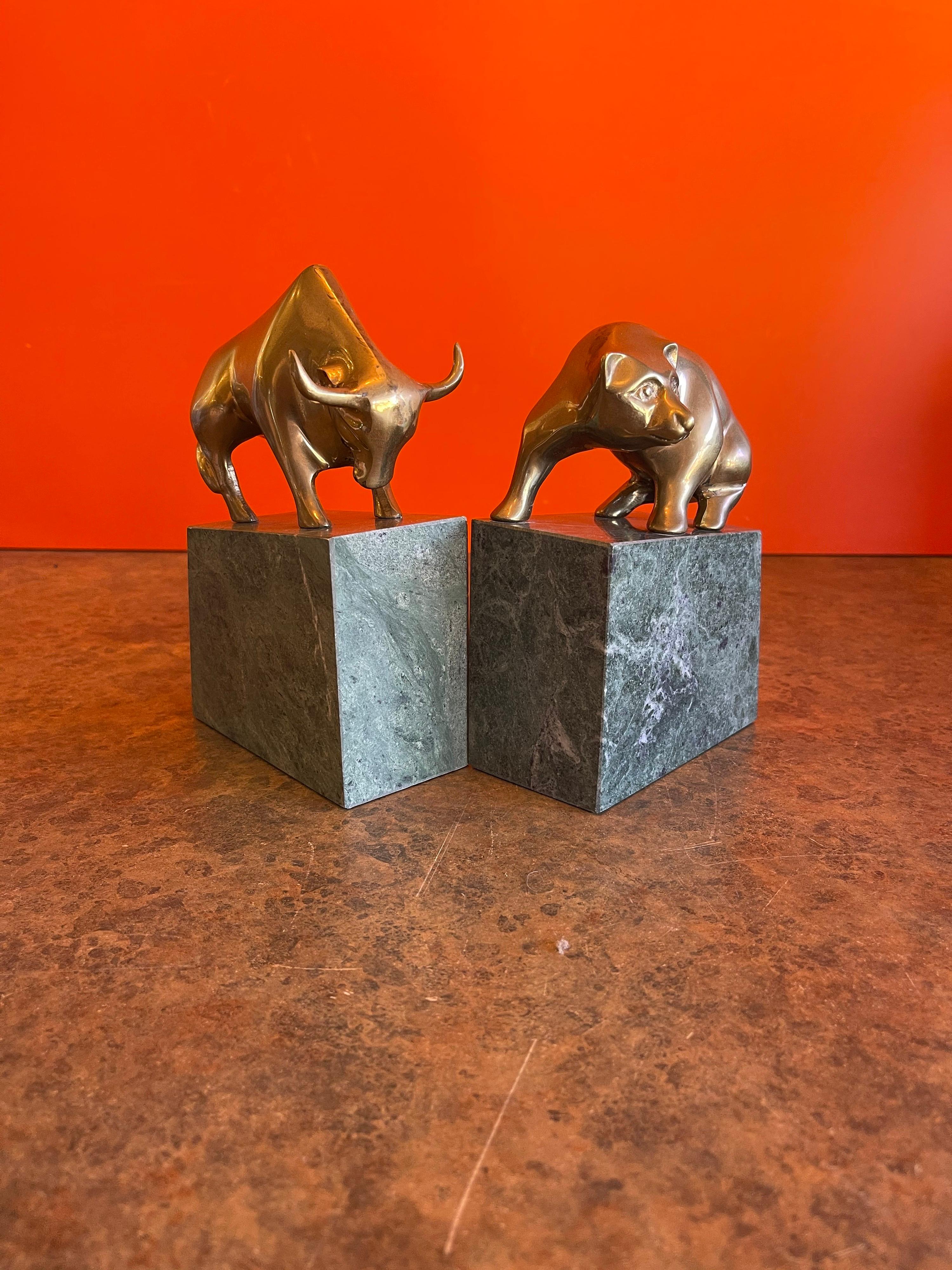 Pair of Bear and Bull Bronze Bookends on Green Marble Blocks 3