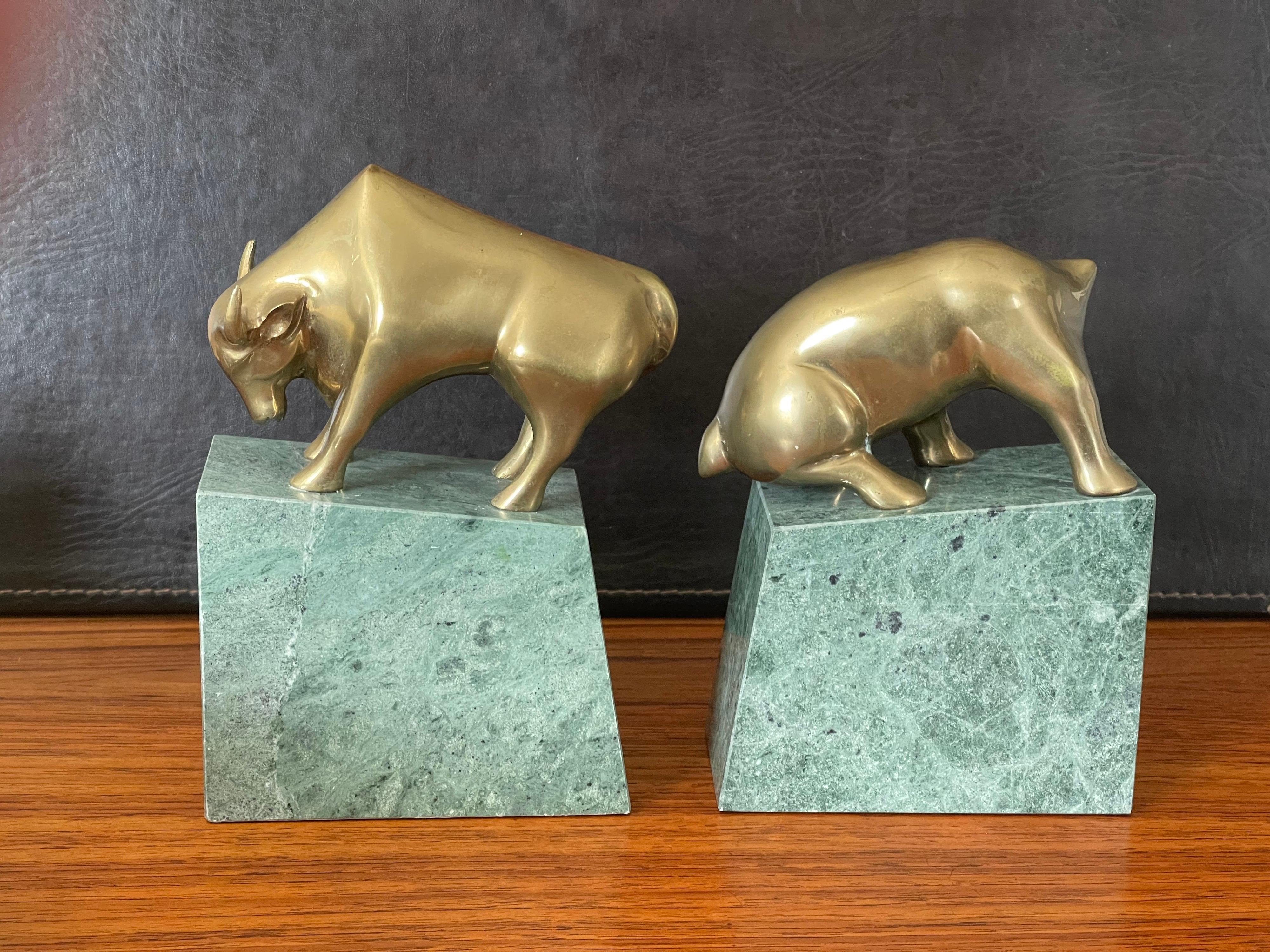 20th Century Pair of Bear and Bull Bronze Bookends on Green Marble Blocks For Sale