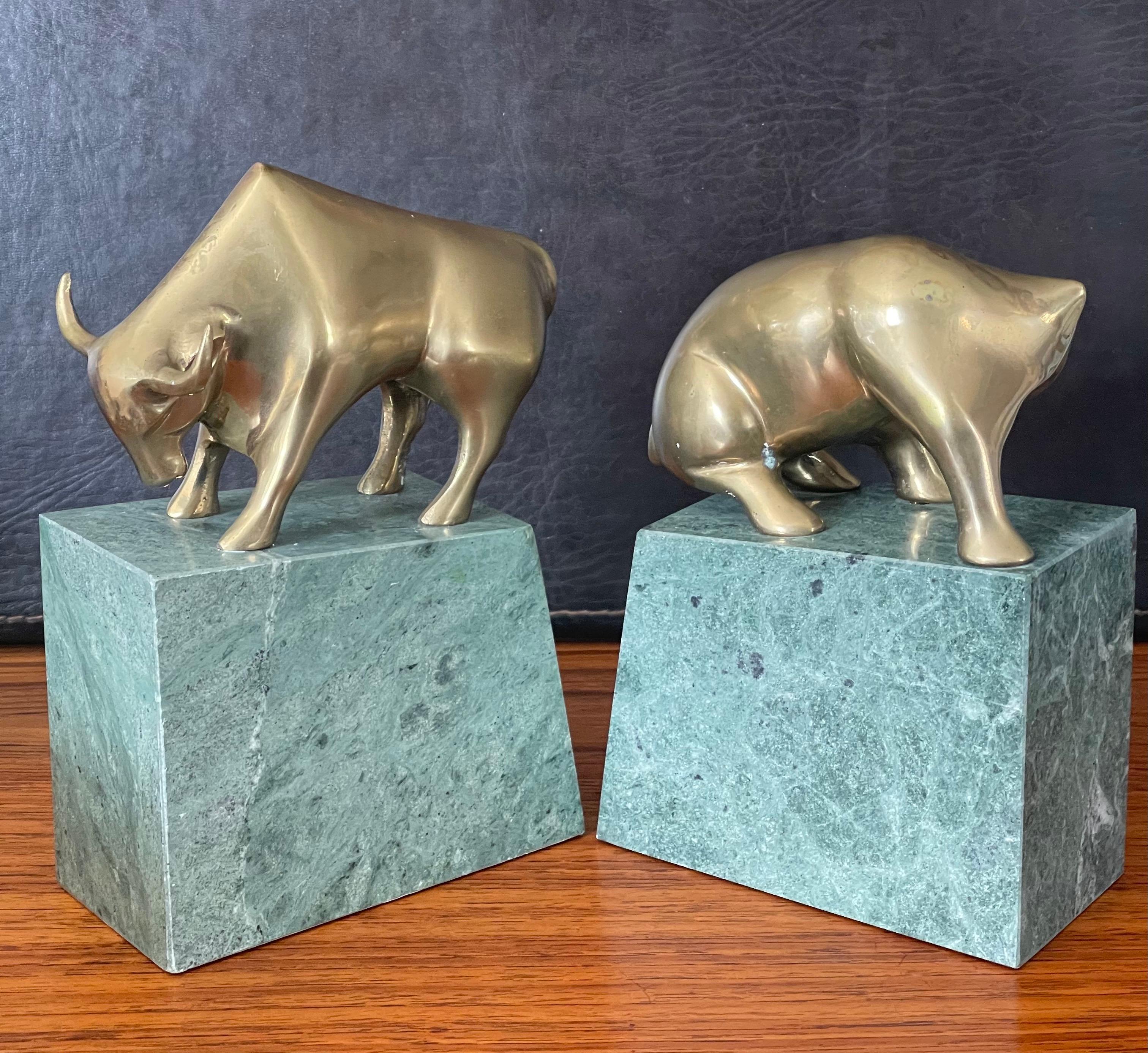 Pair of Bear and Bull Bronze Bookends on Green Marble Blocks For Sale 1