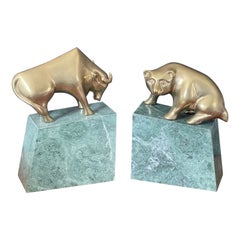 Pair of Bear and Bull Bronze Bookends on Green Marble Blocks