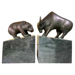 Pair of Bear and Bull Bronze Bookends on Green Marble Blocks