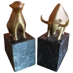 Pair of Bear and Bull Bronze Bookends on Marble Blocks