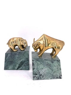 Pair of Bear & Bull Polished Brass Bookends on Green Marble Base