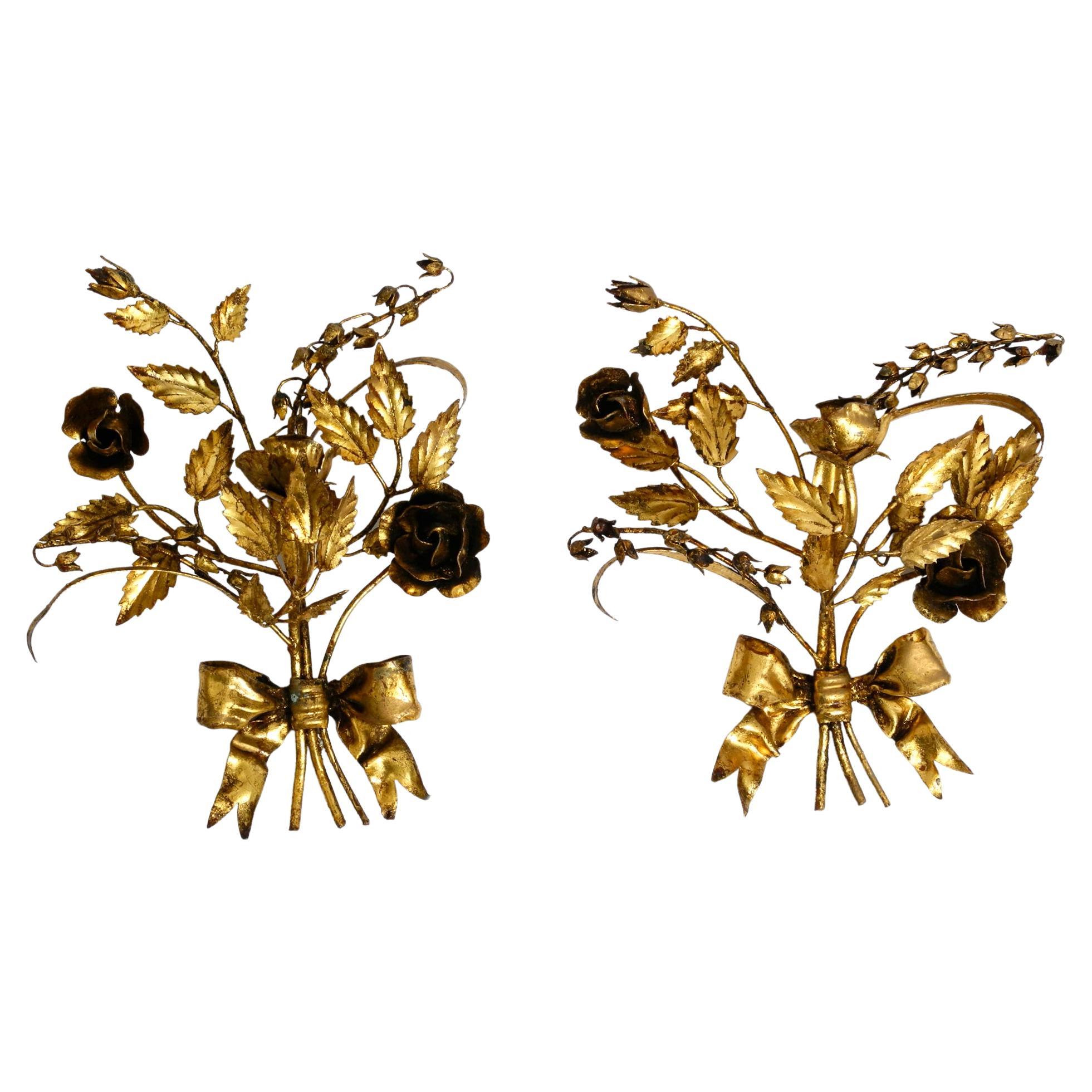 Pair of beautiful 1950's gilded metal Florentine candle holders wall decoration For Sale