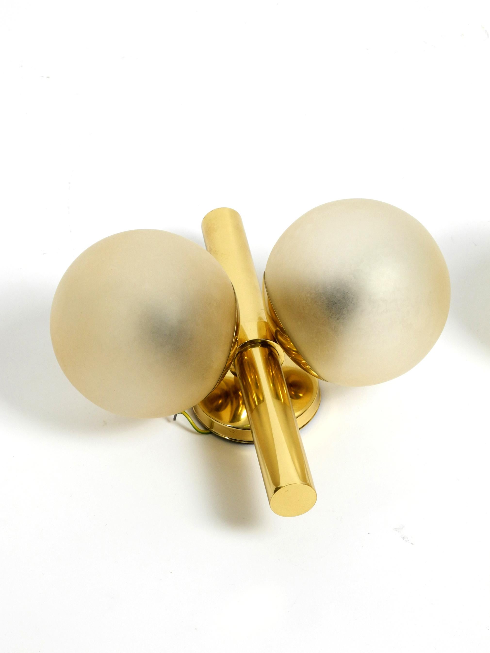 Pair of Beautiful 1960s Kaiser Brass Wall Lamps with Two Golden Glass Spheres For Sale 5