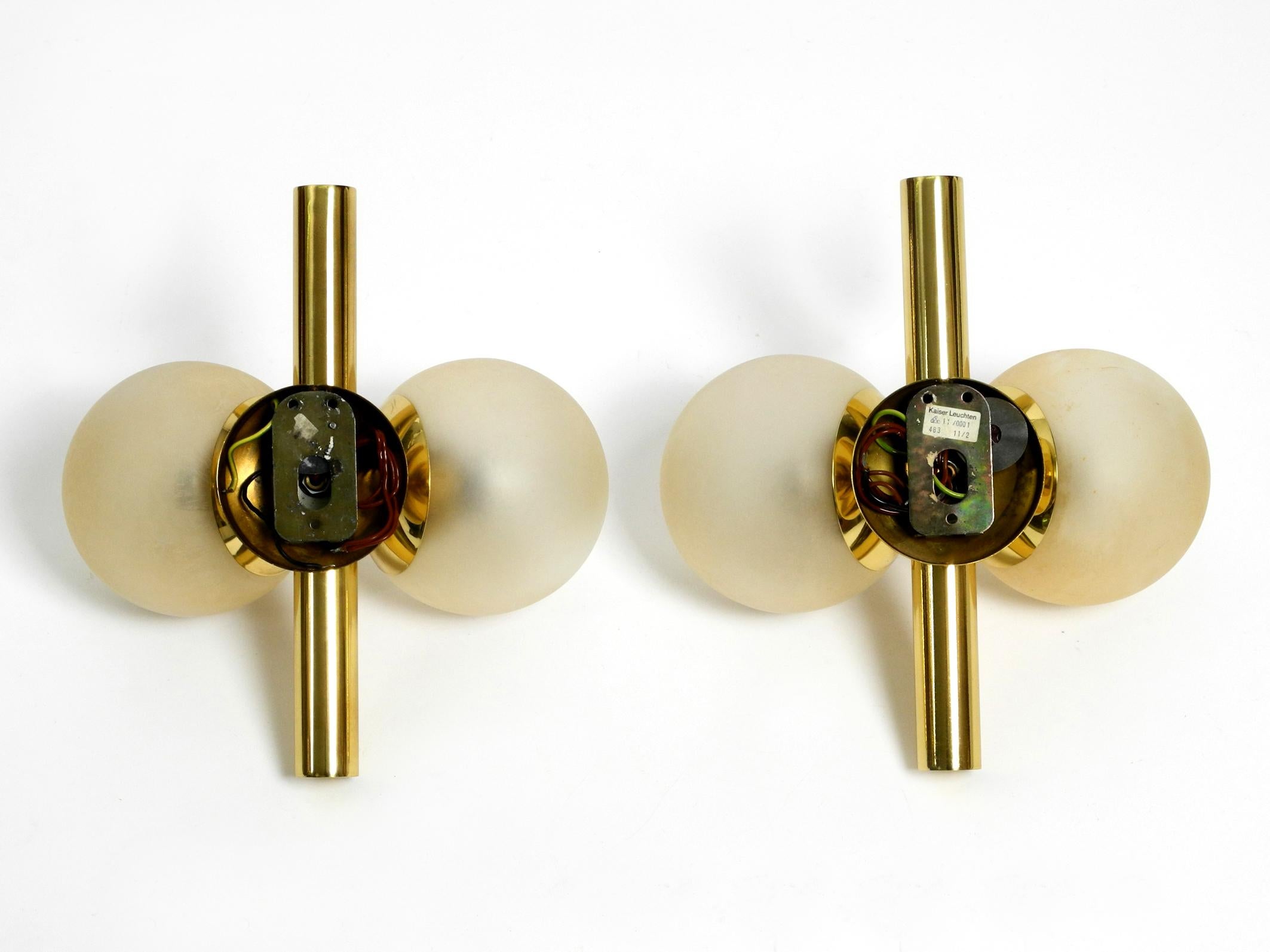 Pair of Beautiful 1960s Kaiser Brass Wall Lamps with Two Golden Glass Spheres For Sale 3