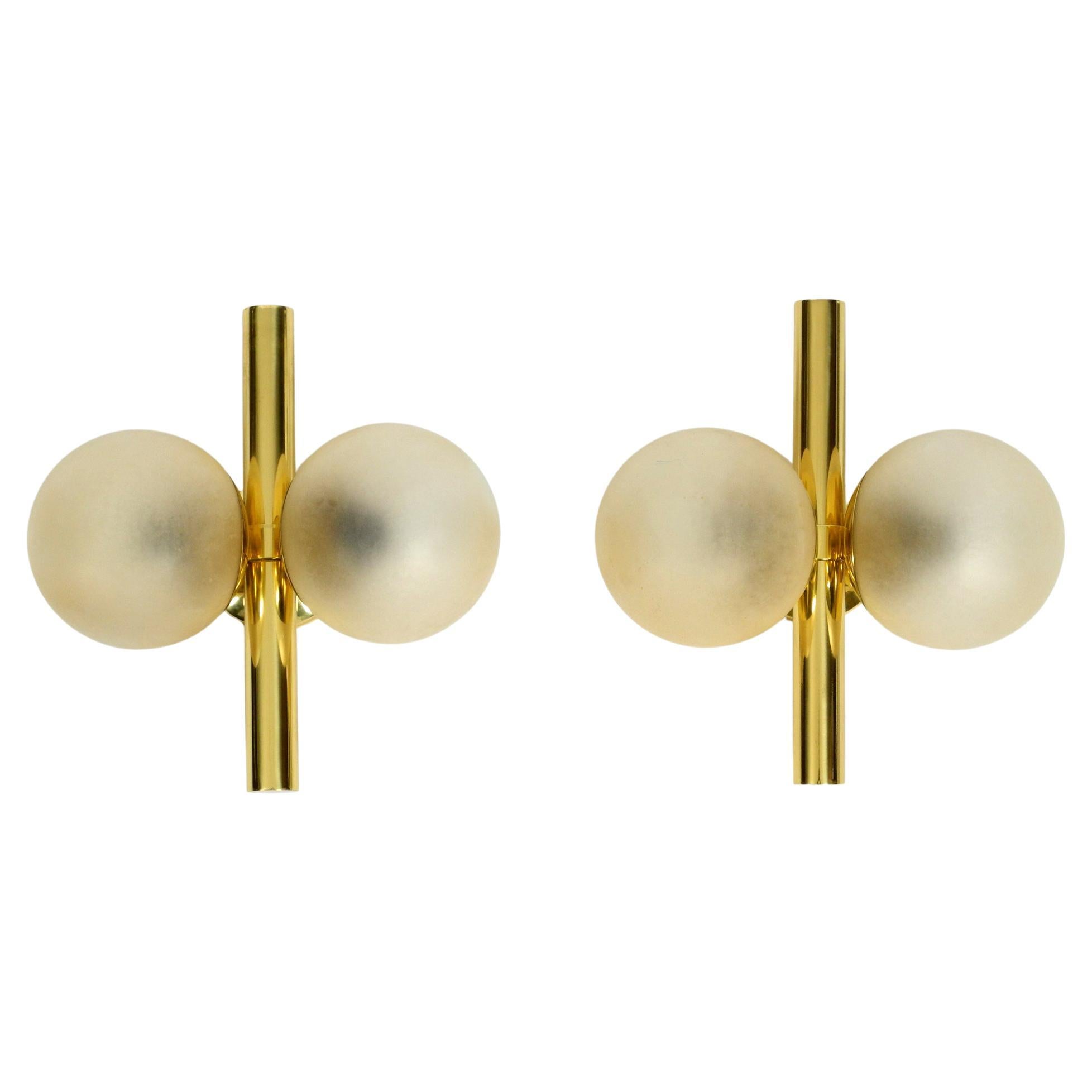Pair of Beautiful 1960s Kaiser Brass Wall Lamps with Two Golden Glass Spheres For Sale
