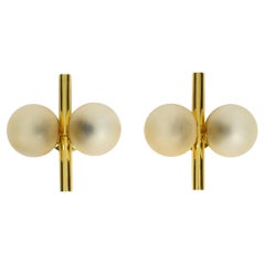 Retro Pair of Beautiful 1960s Kaiser Brass Wall Lamps with Two Golden Glass Spheres