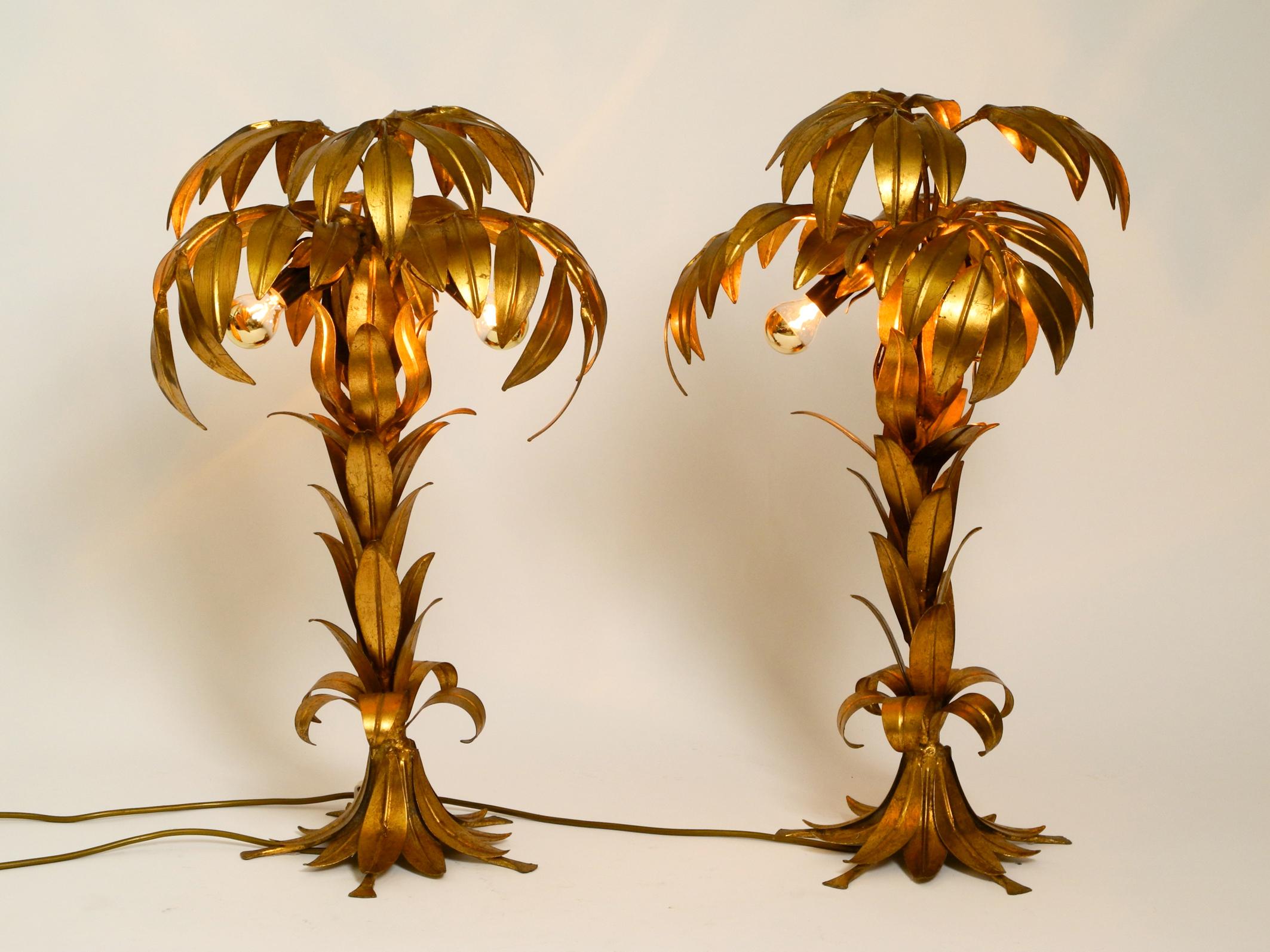 German Pair of Beautiful 1970s Gold-Plated Metal Palm Table Lamps by Hans Kögl