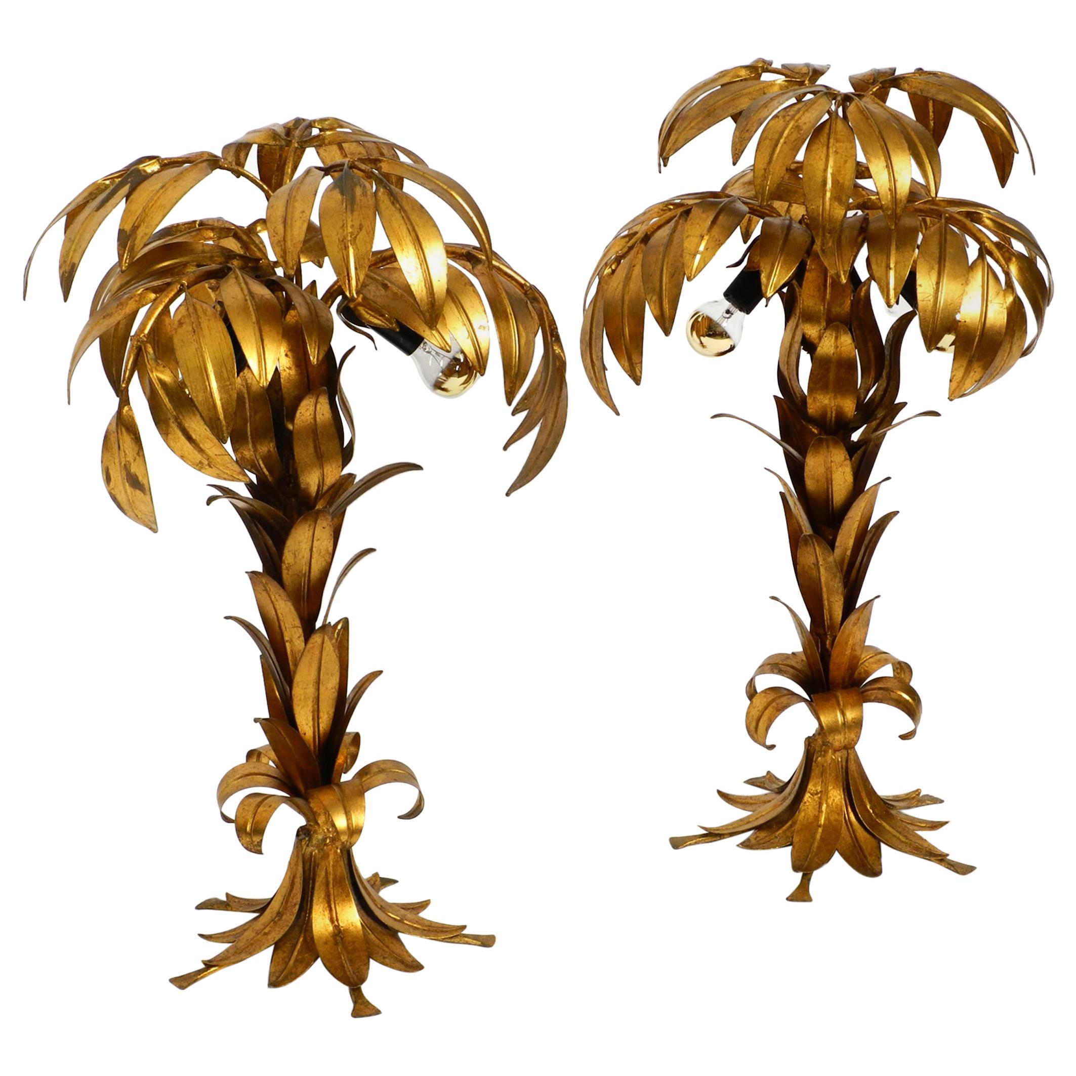 Pair of Beautiful 1970s Gold-Plated Metal Palm Table Lamps by Hans Kögl