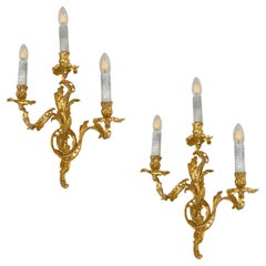 Pair of beautiful 19th Century gilt bronze and rock crystal 3 arm wall lights 