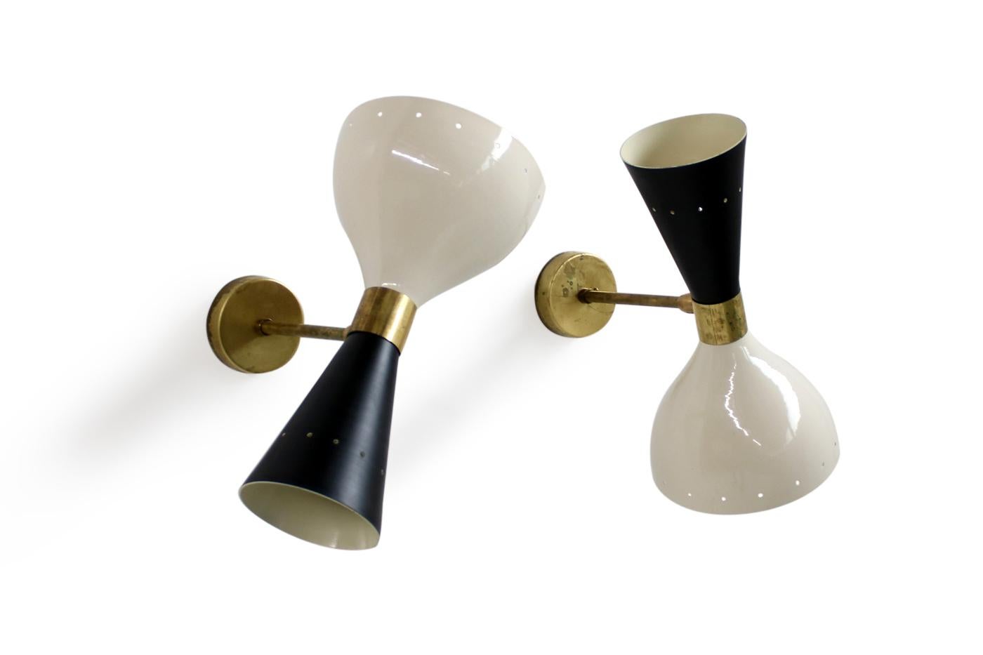 Mid-Century Modern Pair of Beautiful Adjustable Large Italian Sconces Brass Stilnovo Style Bi-Color