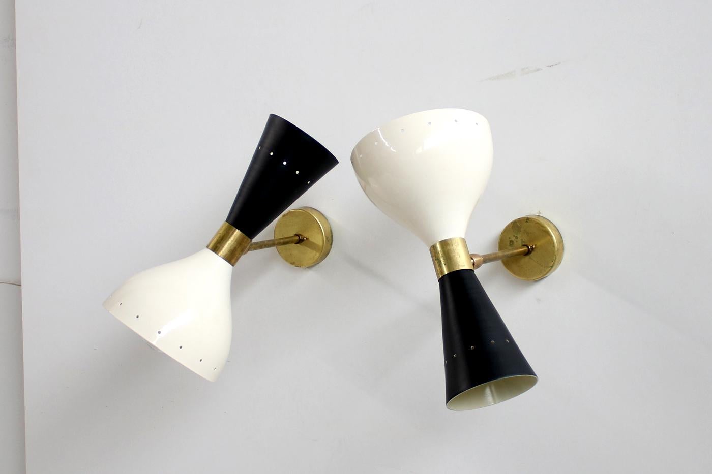 Mid-Century Modern Pair of Beautiful Adjustable Large Italian Sconces Brass Stilnovo Style Bi-Color For Sale