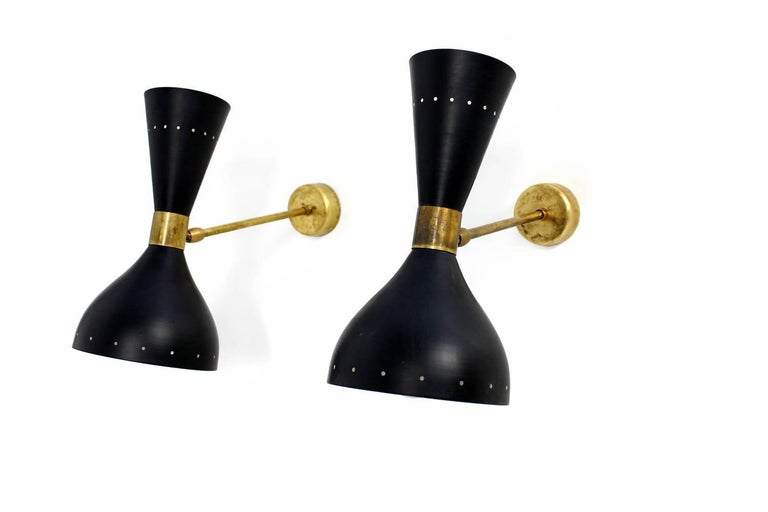Contemporary Pair of Beautiful Adjustable Large & Modern Italian Sconces Brass Stilnovo Style For Sale