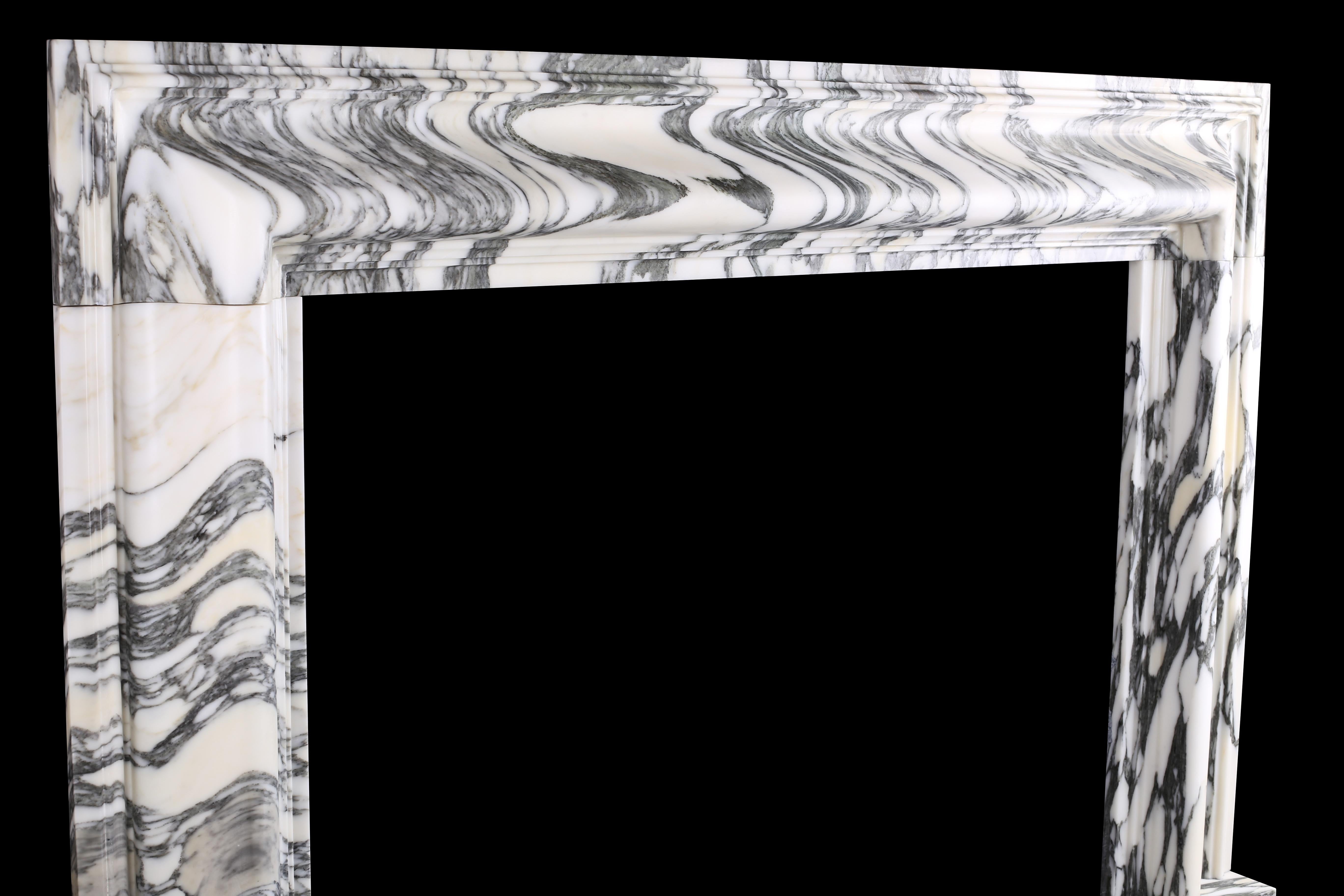 Pair of Beautiful Baroque Bolection Fireplaces in Italian Arabescato Marble 1